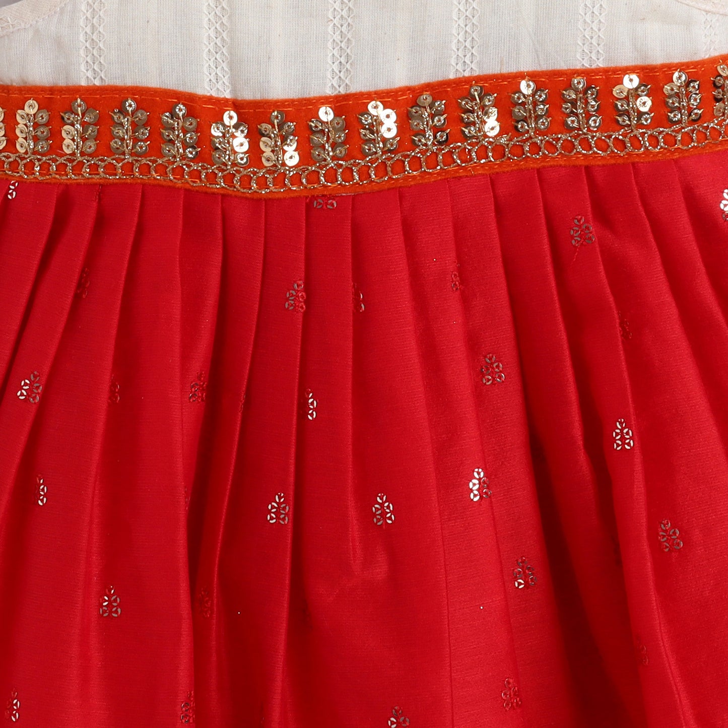 Many Frocks & cotton silk sleeveless tie-up shoulder straps sequin work boti Jhabla ethnic dress- Red & Cream
