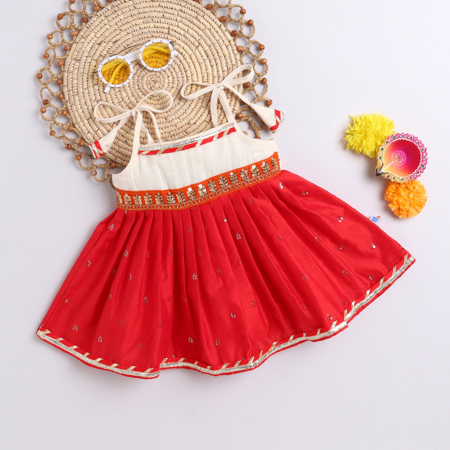 Many Frocks & cotton silk sleeveless tie-up shoulder straps sequin work boti Jhabla ethnic dress- Red & Cream