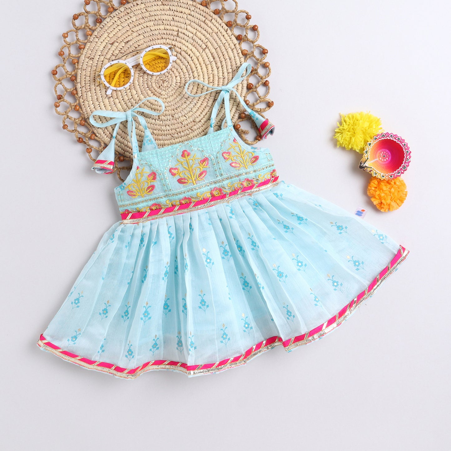 Many Frocks & chanderi sleeveless lace & embroidery embellished jhabla ethnic dress- blue