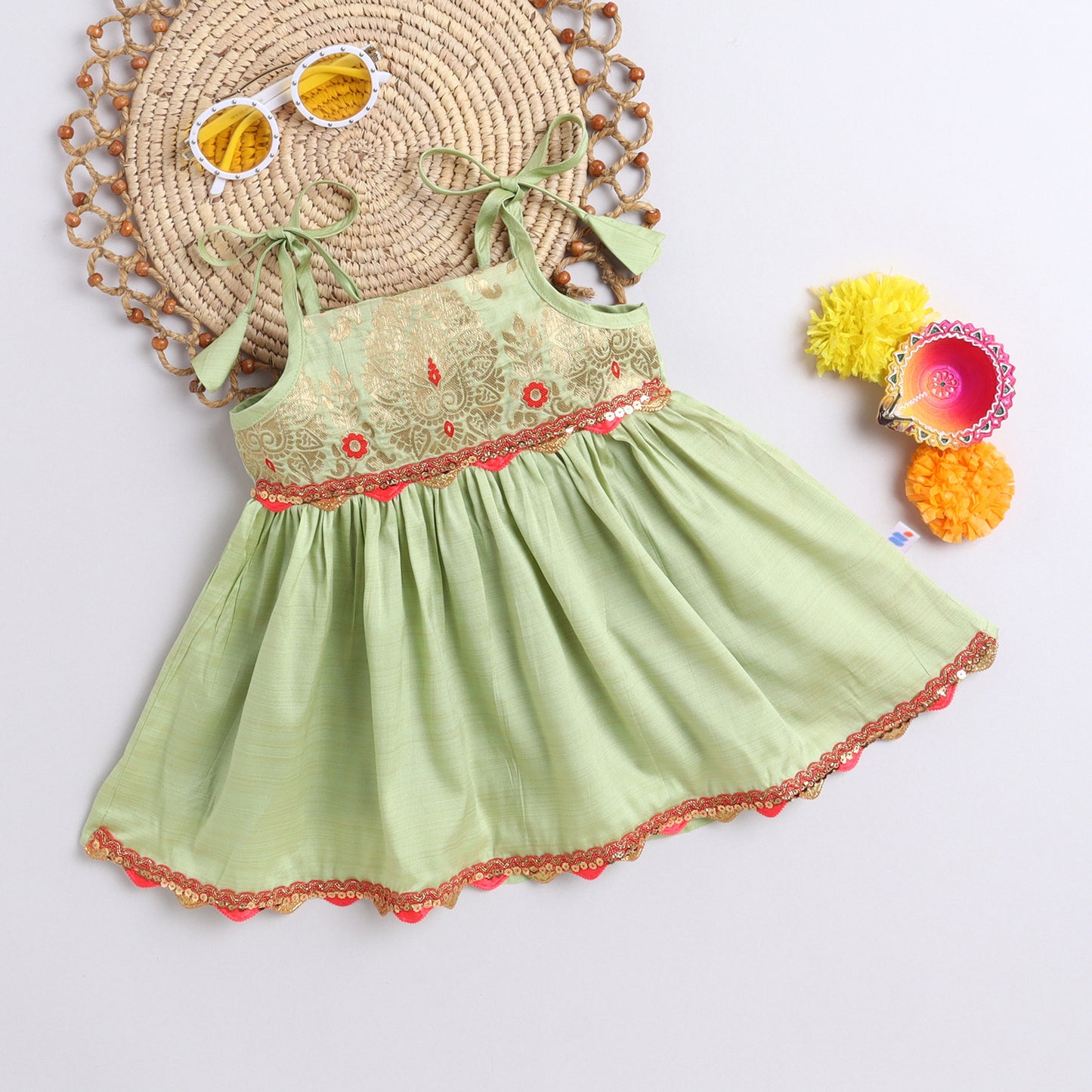 Many Frocks & sleeveless tie-up shoulder straps woven design jhabla ethnic dress- sky blue