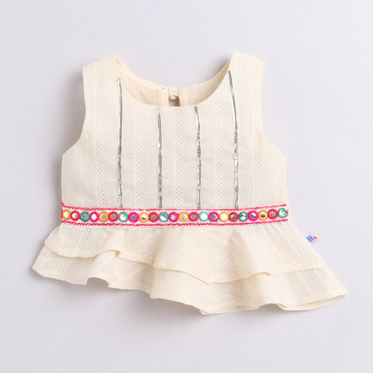 Many Frocks & cotton sleeveless gota patti embellished top & dhoti set - Cream & Red