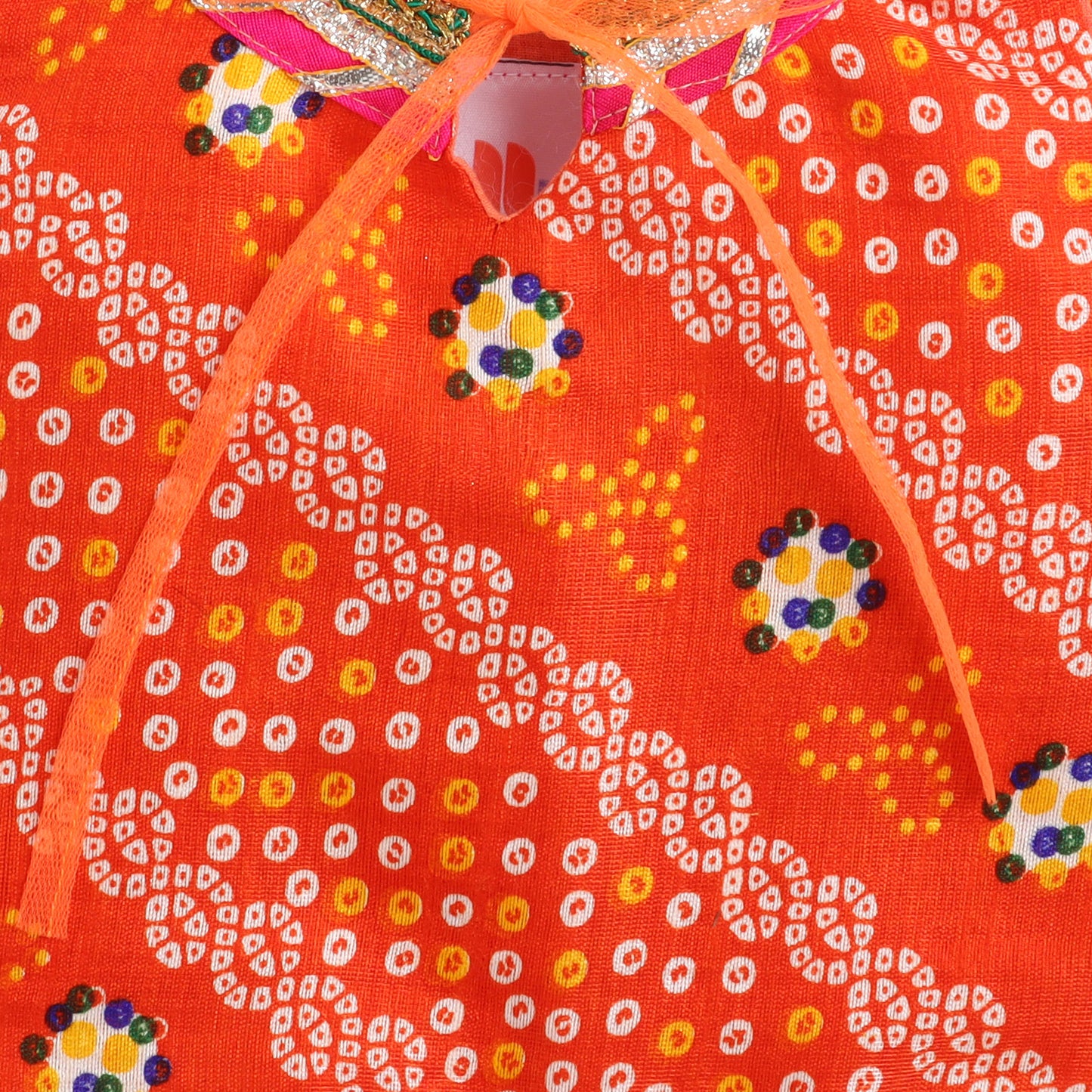 Many Frocks & satin sleeveless bandhani lace and latkan embellished dhoti top set- orange and cream