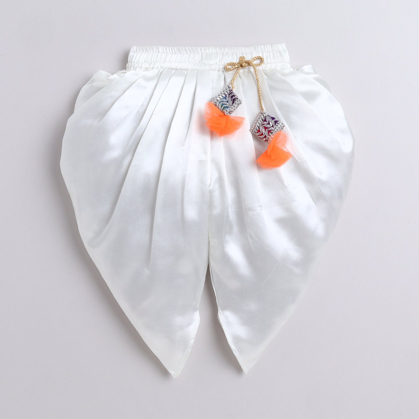 Many Frocks & satin sleeveless bandhani lace and latkan embellished dhoti top set- orange and cream