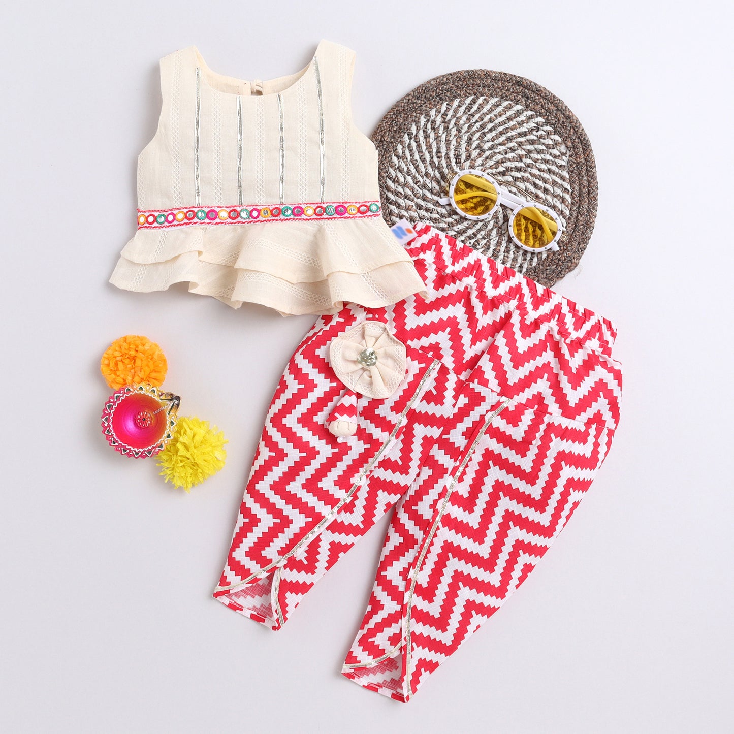 Many Frocks & cotton sleeveless gota patti embellished top & dhoti set - Cream & Red