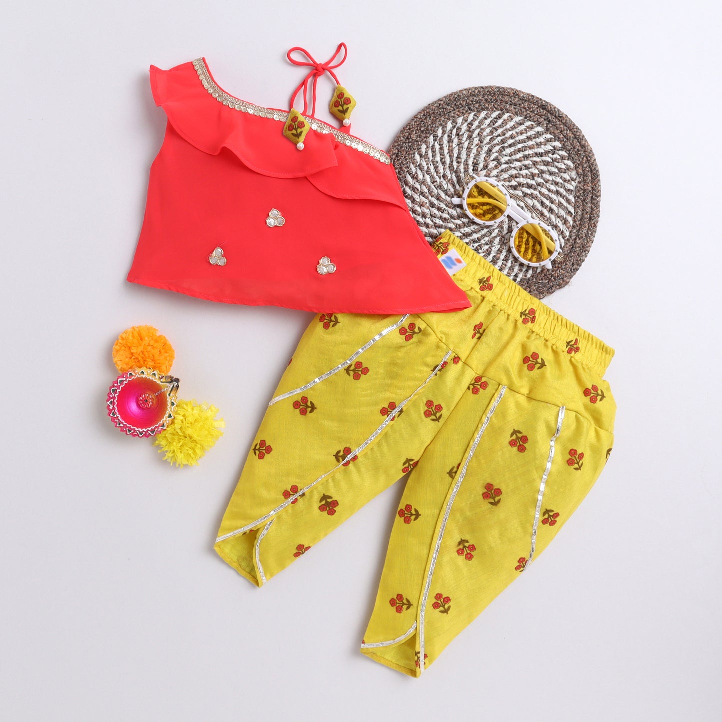 Many Frocks & georgette and chanderi sleevelessgota patti flower embellished Top & Dhoti Set - Red & Yellow