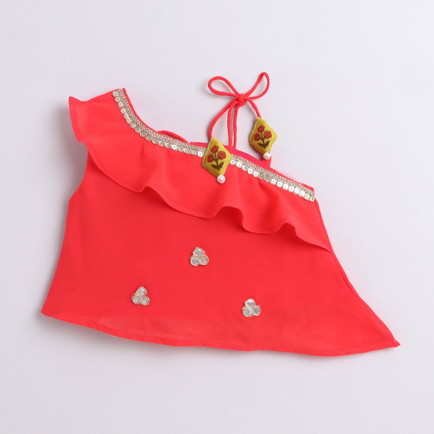 Many Frocks & georgette and chanderi sleevelessgota patti flower embellished Top & Dhoti Set - Red & Yellow