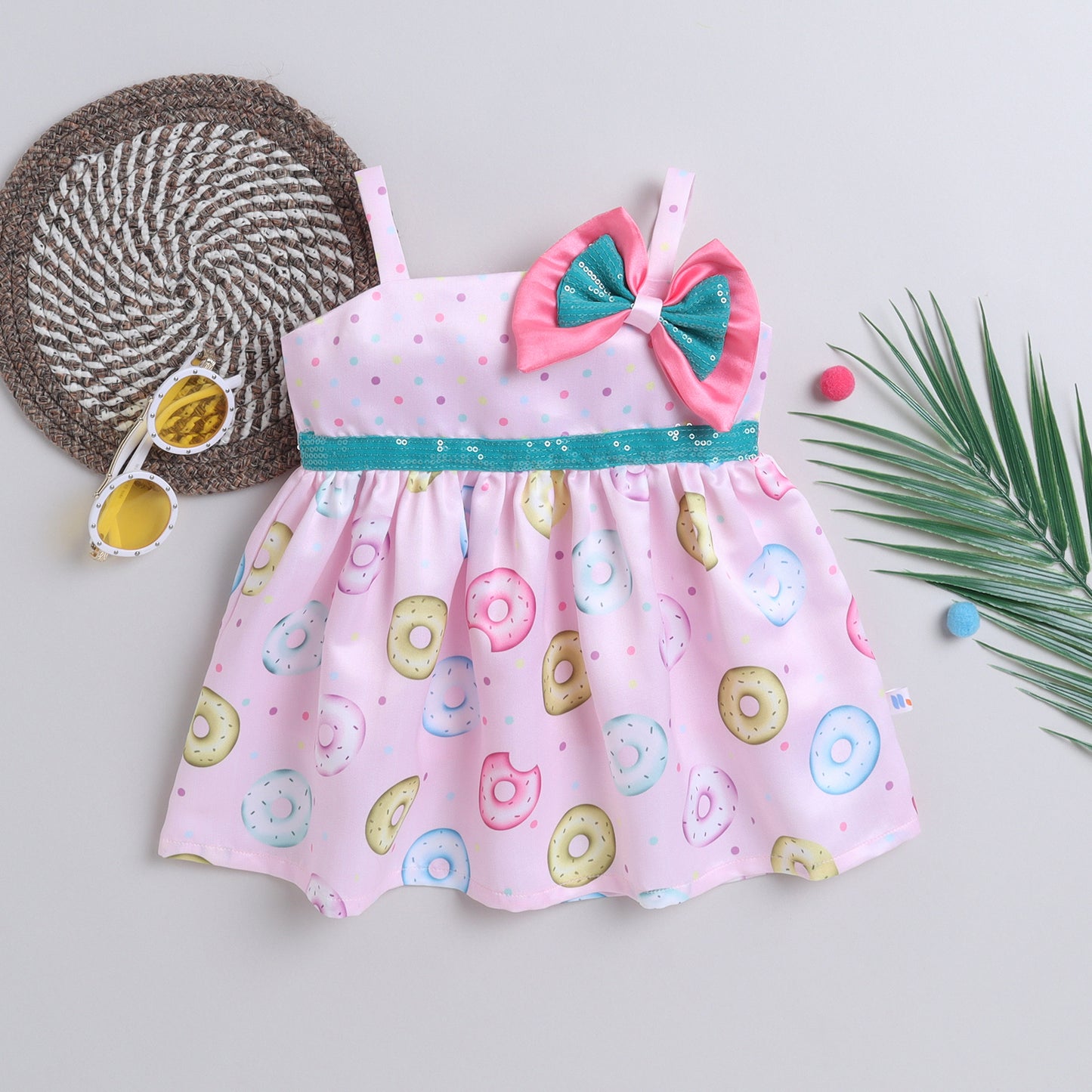 Many Frocks & satin sleeveless knee length polka dot & donut printed with bow girls causal dress - Light Pink