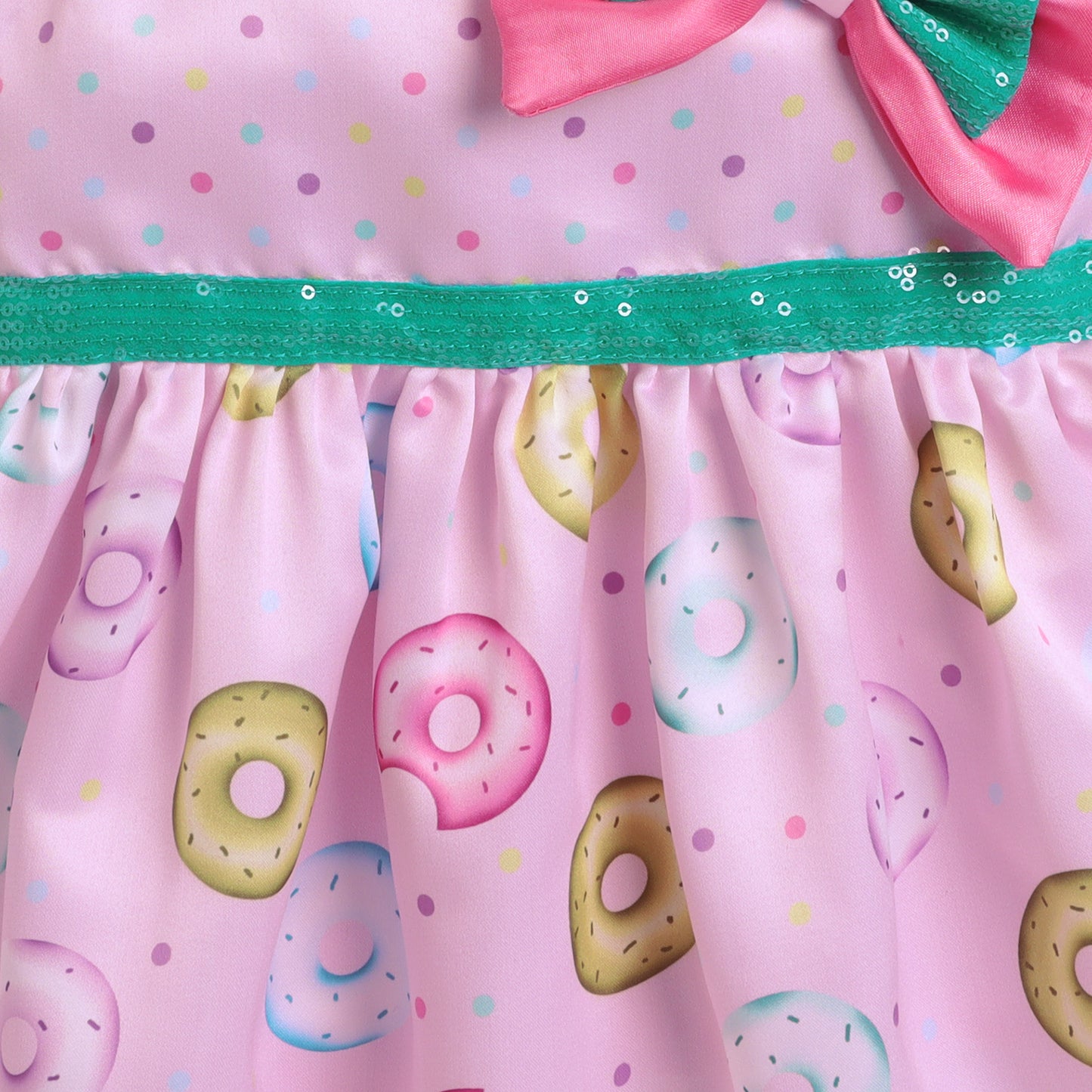 Many Frocks & satin sleeveless knee length polka dot & donut printed with bow girls causal dress - Light Pink