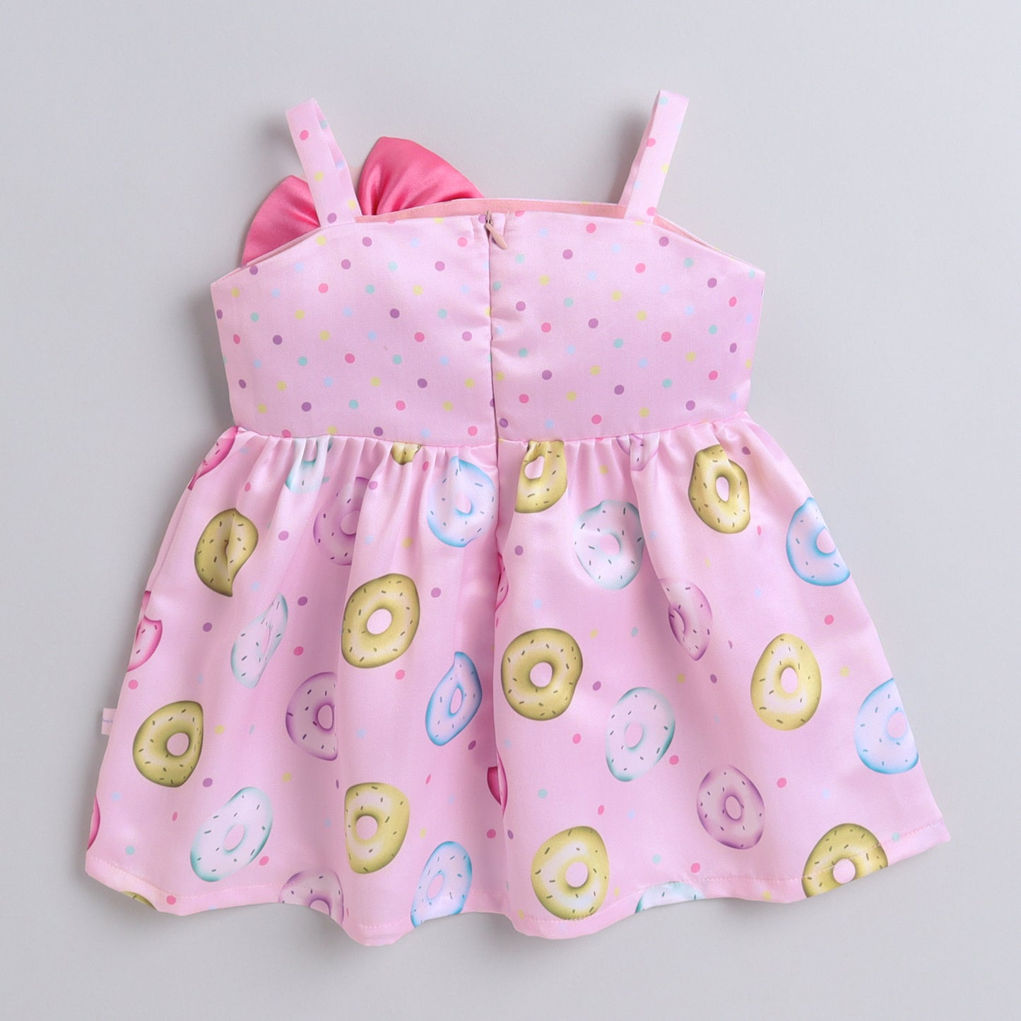 Many Frocks & satin sleeveless knee length polka dot & donut printed with bow girls causal dress - Light Pink