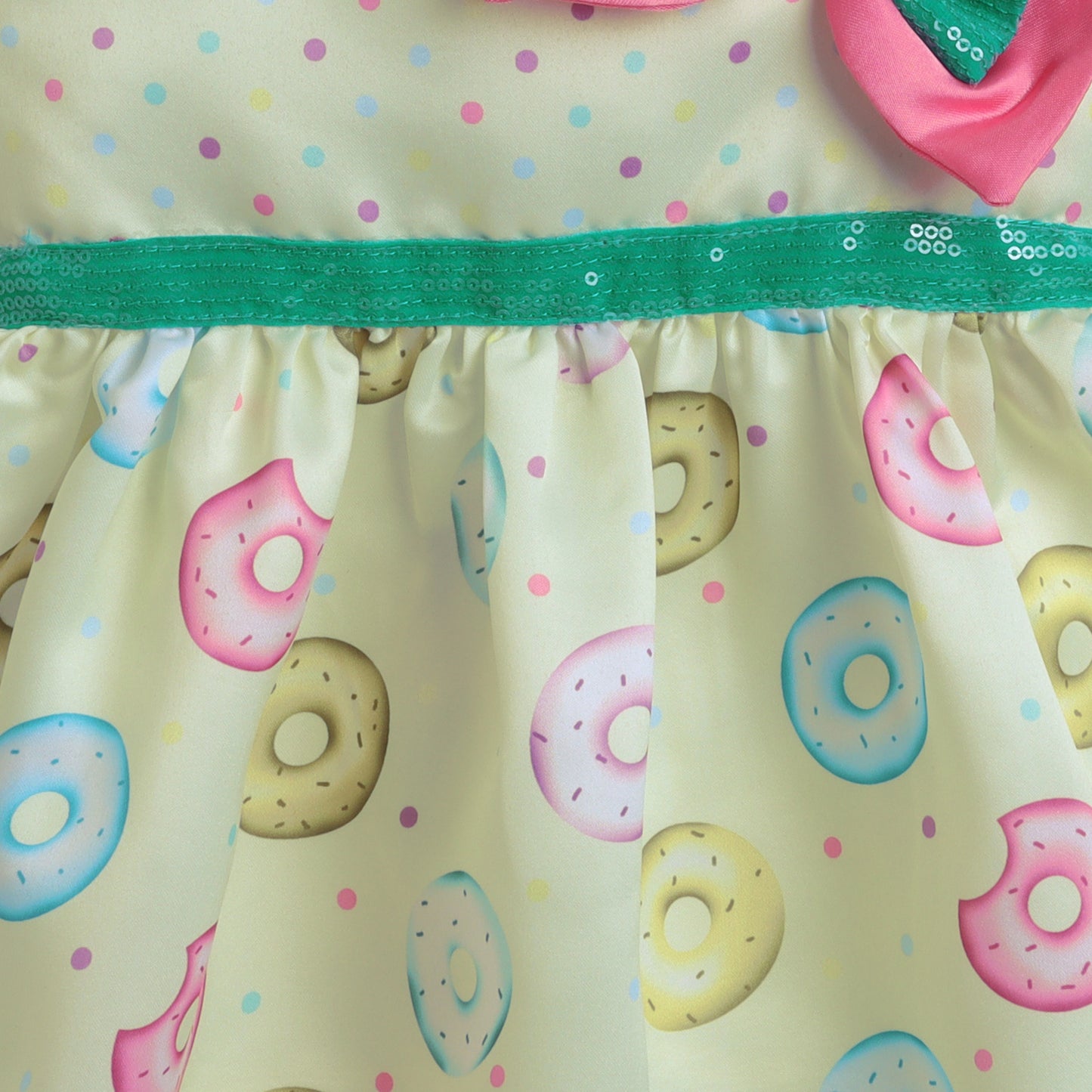 Many Frocks & satin sleeveless knee length polka dot & donut printed with bow girls causal dress - Light Yellow