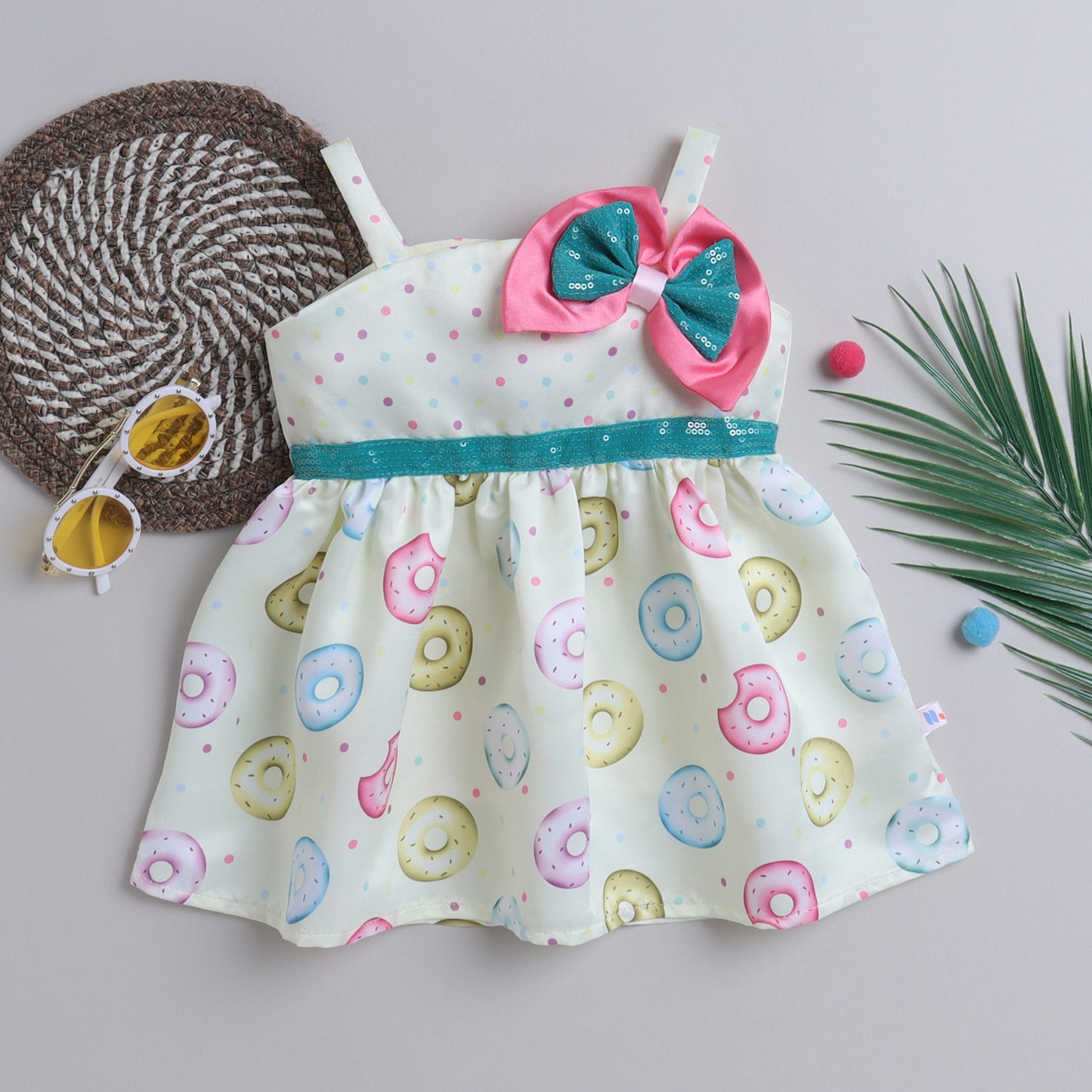 Many Frocks & satin sleeveless knee length polka dot & donut printed with bow girls causal dress - Light Yellow