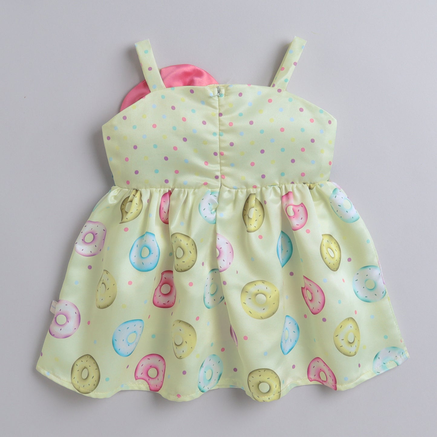 Many Frocks & satin sleeveless knee length polka dot & donut printed with bow girls causal dress - Light Yellow