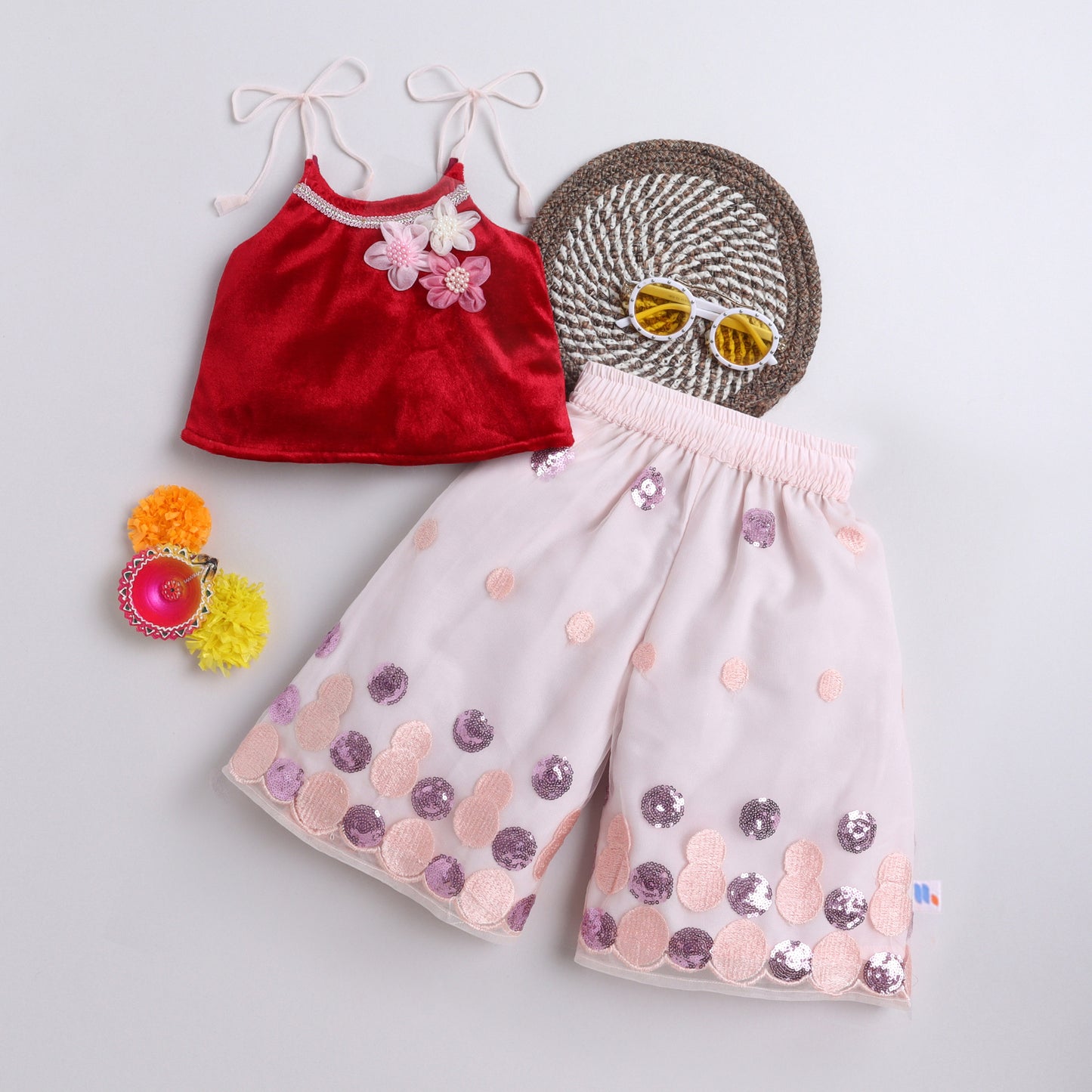 Many Frocks & velvet & net sleeveless lace and flower embellished top sequin work palazzo ethnic set- peach and maroon