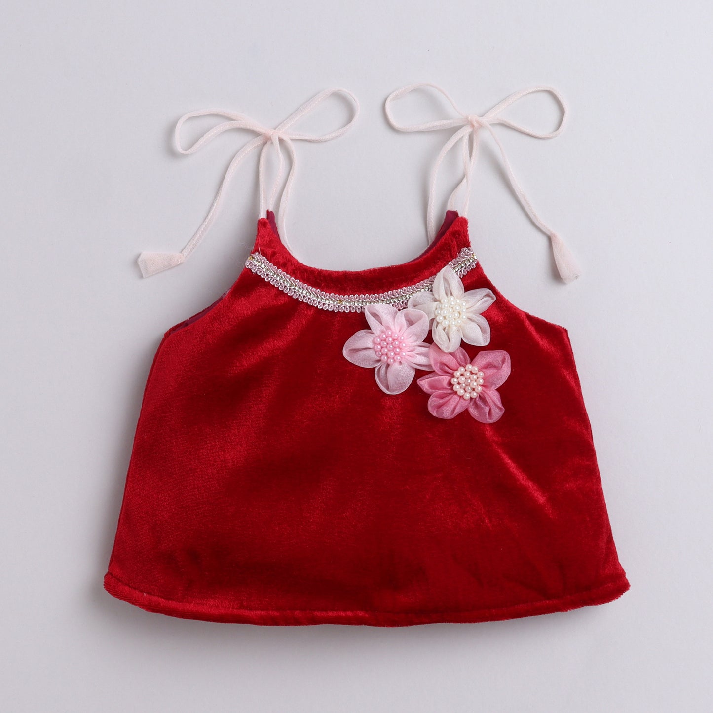 Many Frocks & velvet & net sleeveless lace and flower embellished top sequin work palazzo ethnic set- peach and maroon
