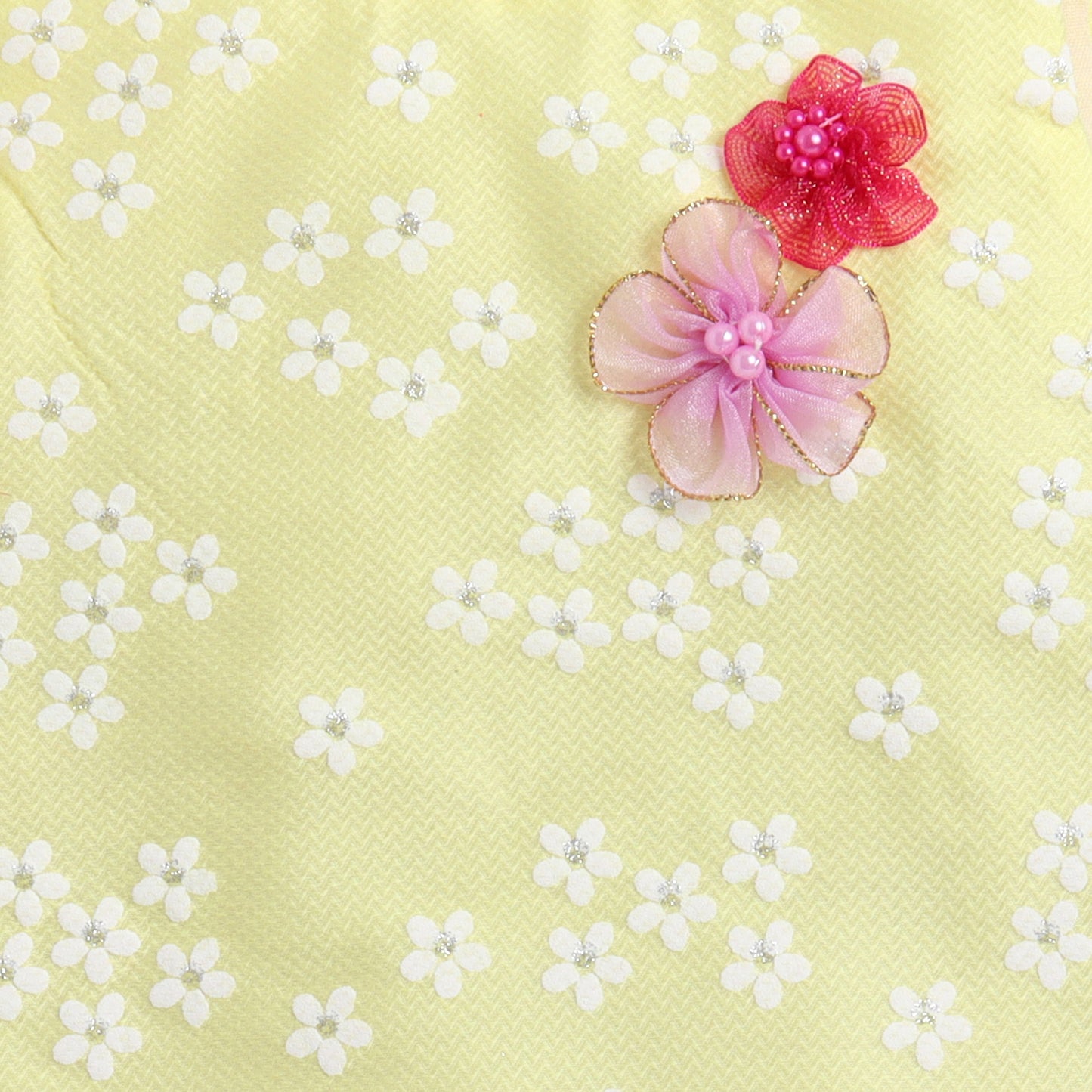 Many Frocks & georgette sleeveless 3D flower & Lace embellished top palazzo & dupatta set - pink and yellow