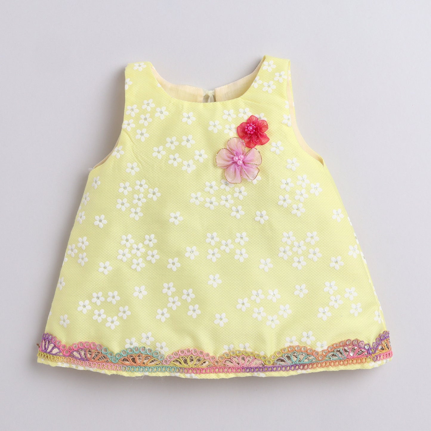 Many Frocks & georgette sleeveless 3D flower & Lace embellished top palazzo & dupatta set - pink and yellow