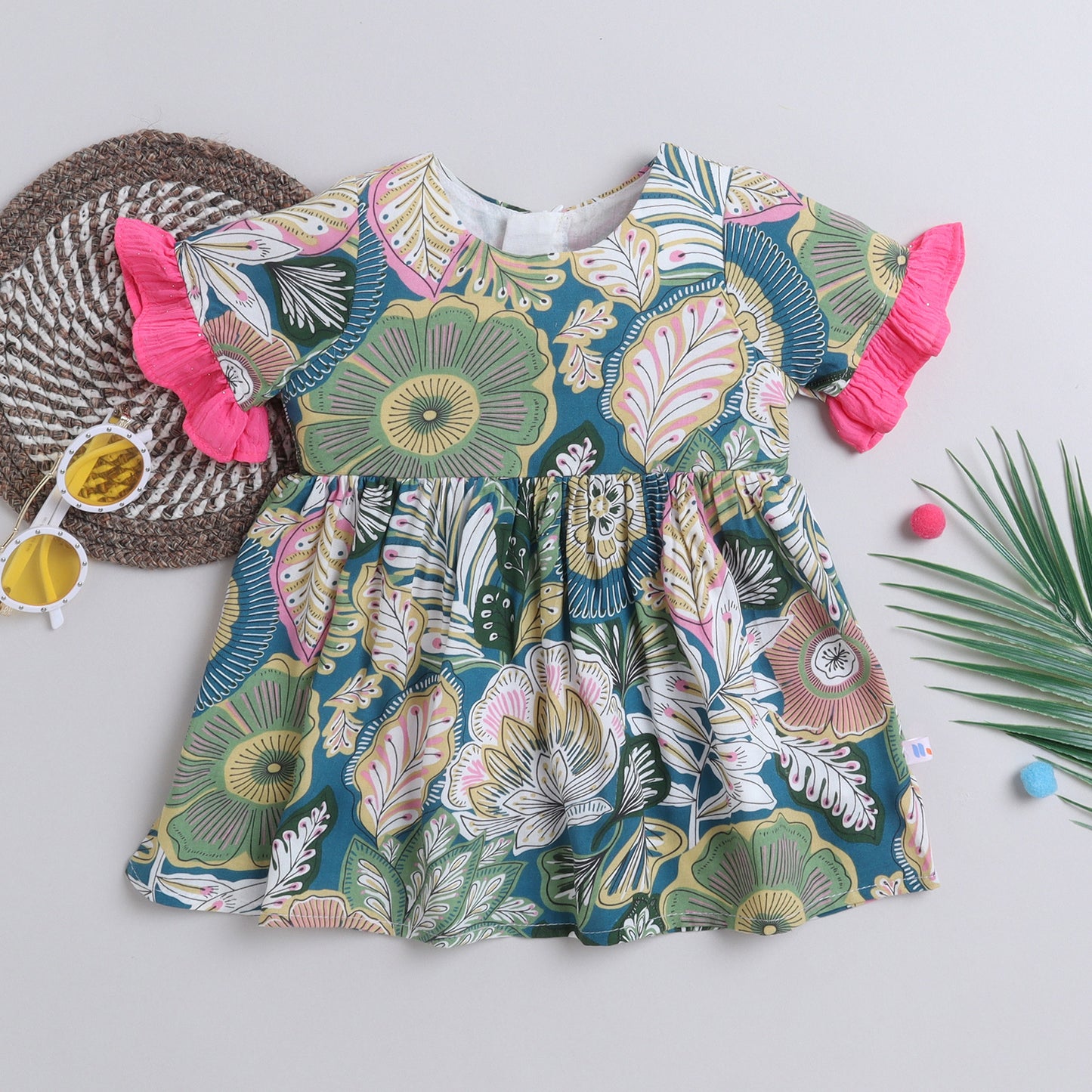 Many Frocks & Cotton half sleeve knee length forest printed girls causal dress -Green