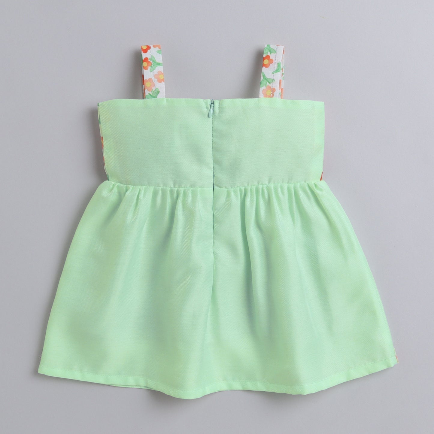 Many Frocks & sleeveless knee length floral printed with big bow girls Party dress - light Green