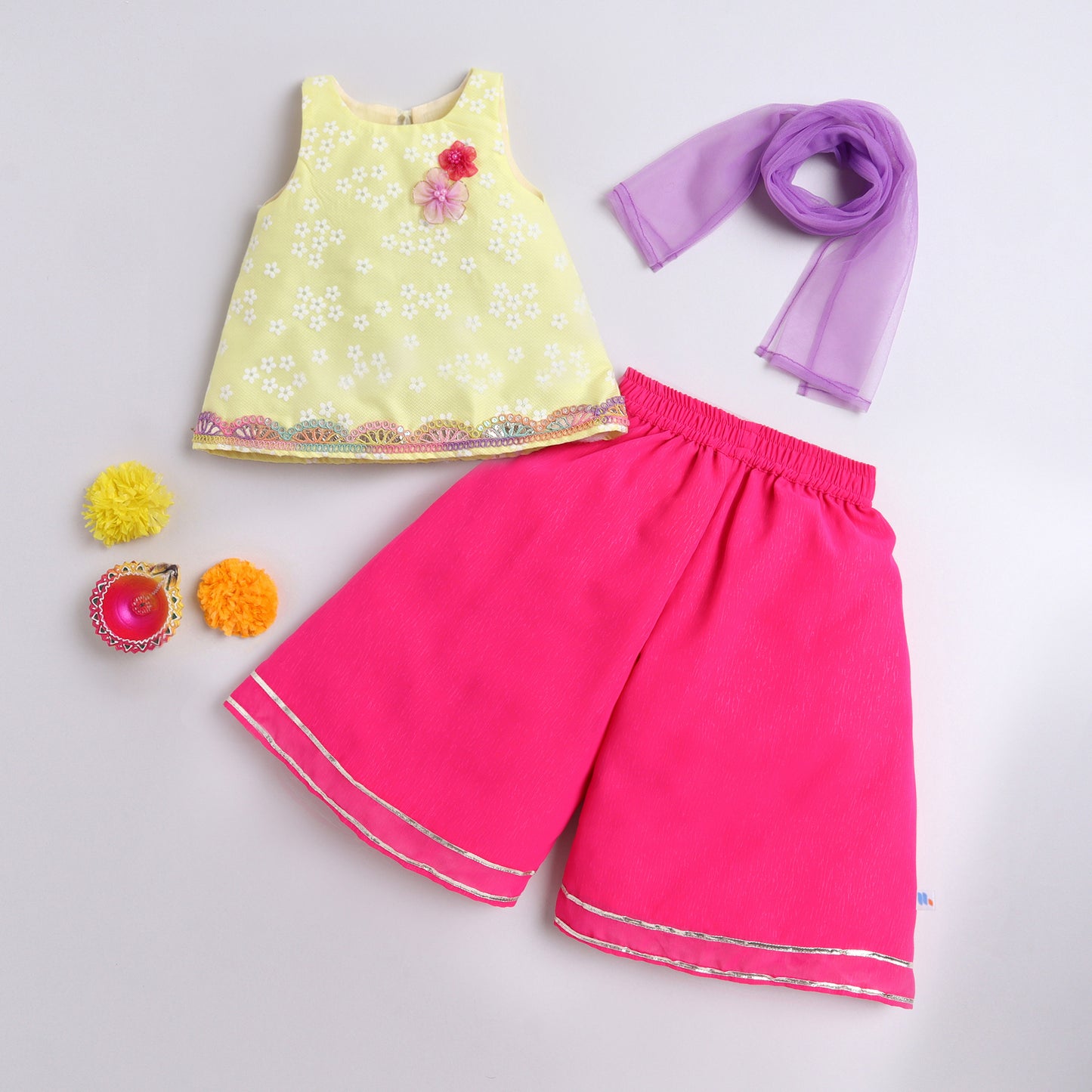 Many Frocks & georgette sleeveless 3D flower & Lace embellished top palazzo & dupatta set - pink and yellow