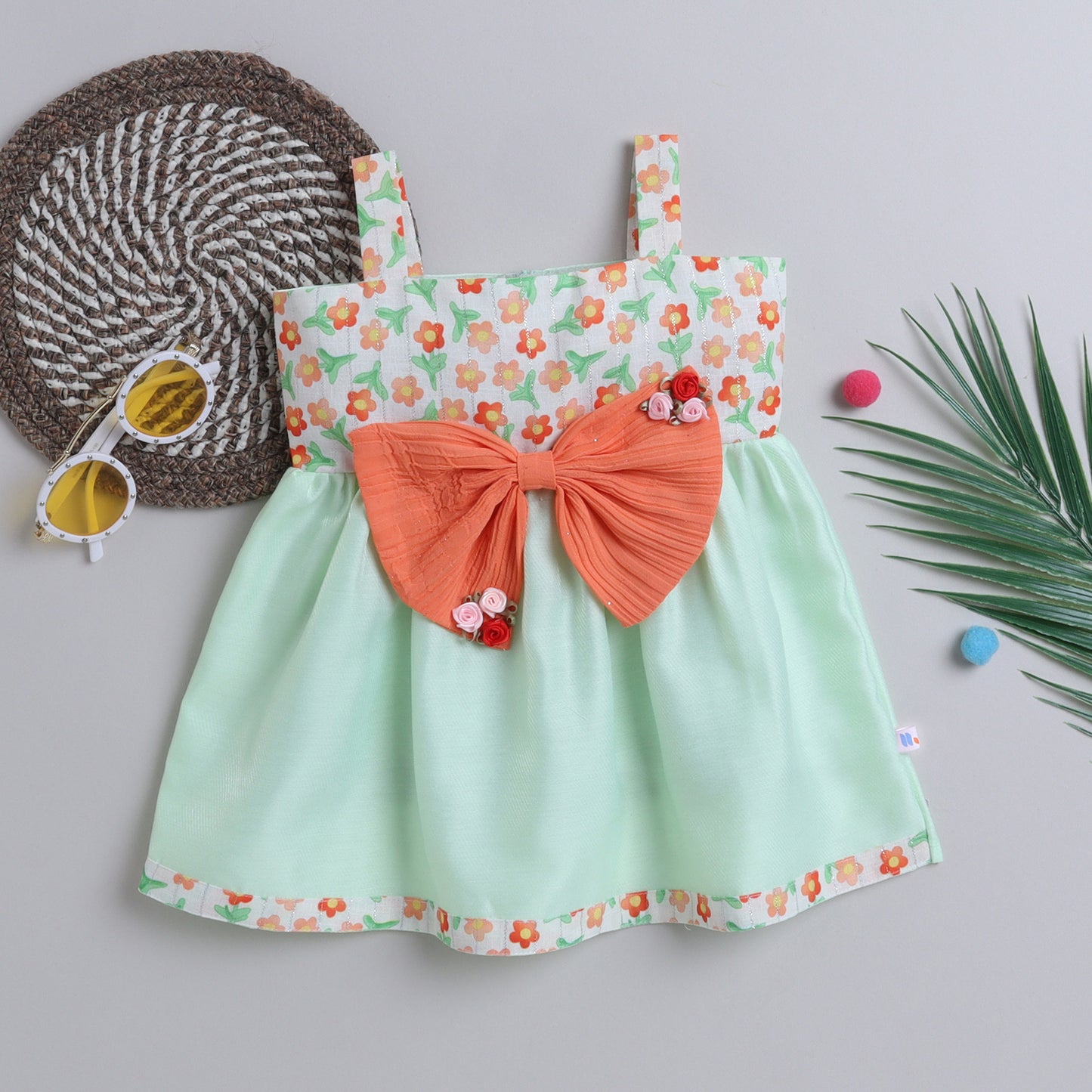 Many Frocks & sleeveless knee length floral printed with big bow girls Party dress - light Green