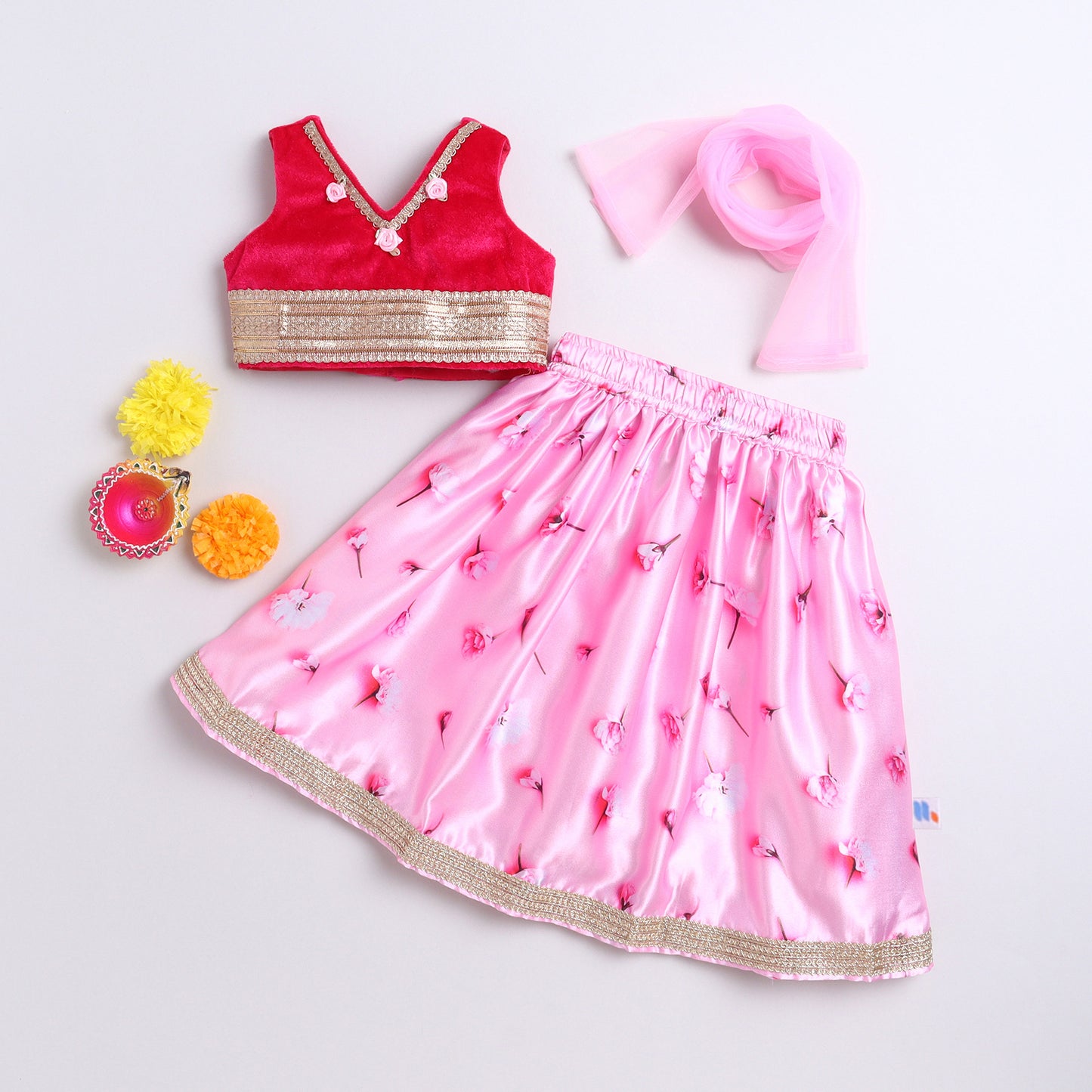 Many Frocks & velvet and satin sleeveless lace & handmade rose embellished floral printed lehenga choli dupatta set-pink