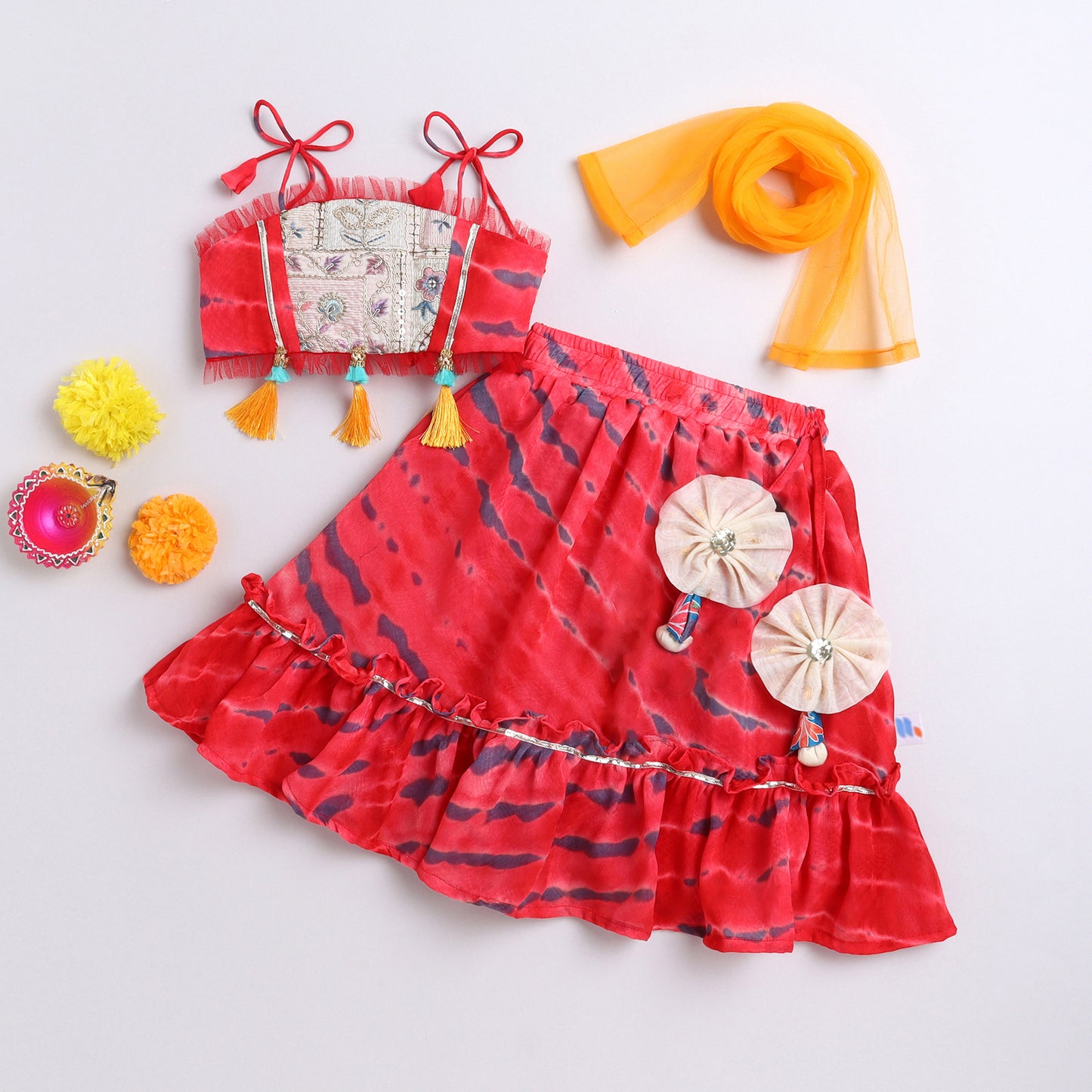 Many Frocks & georgette sleeveless tie and dye embroidered lengha choli dupaatta set- red