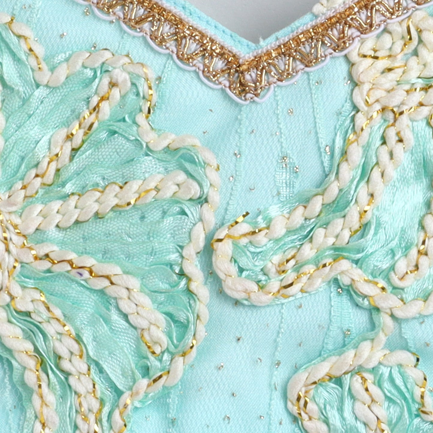 Many Frocks & satin sleeveless lace embellished flower embroidered lehenga choli dupatta set- sea green