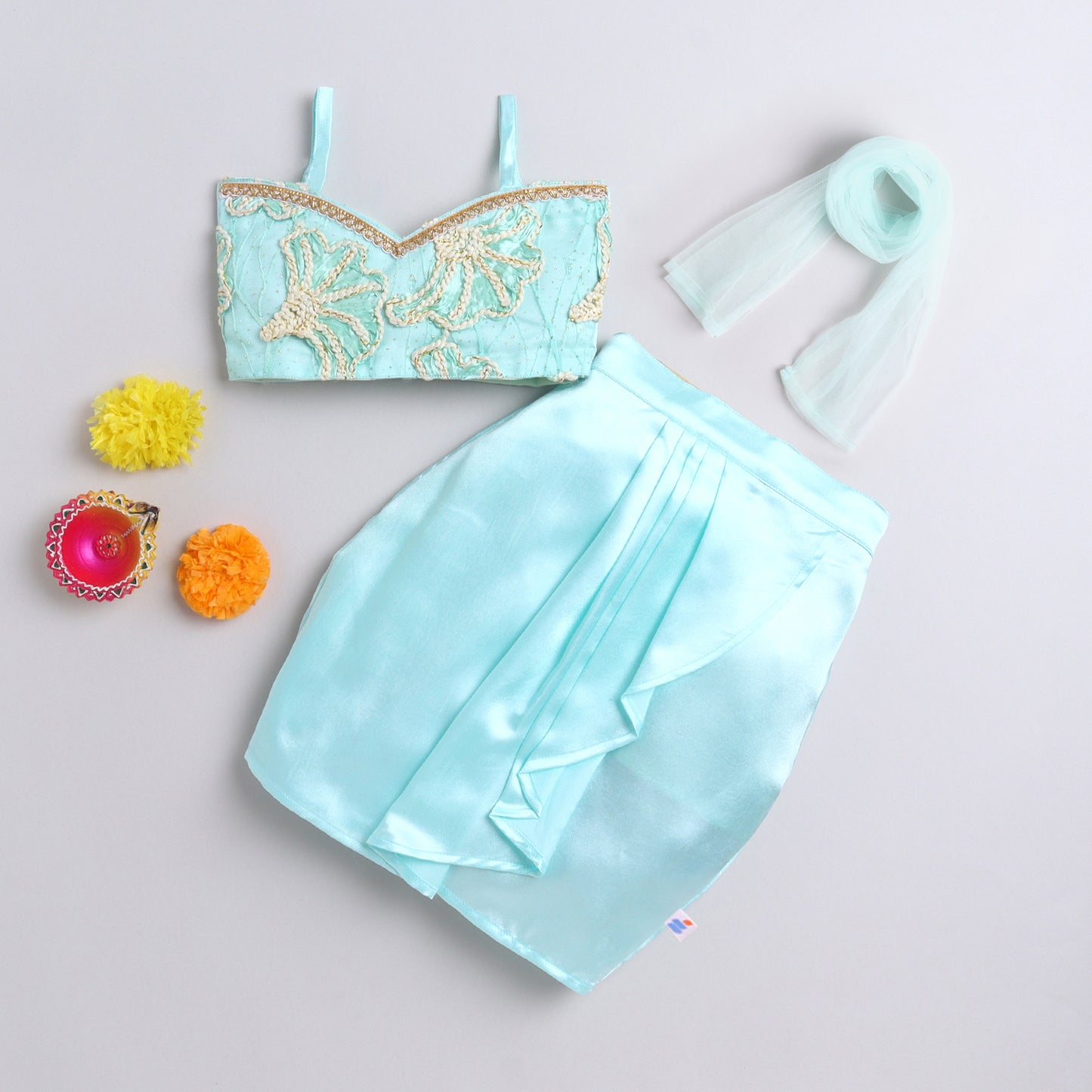 Many Frocks & satin sleeveless lace embellished flower embroidered lehenga choli dupatta set- sea green