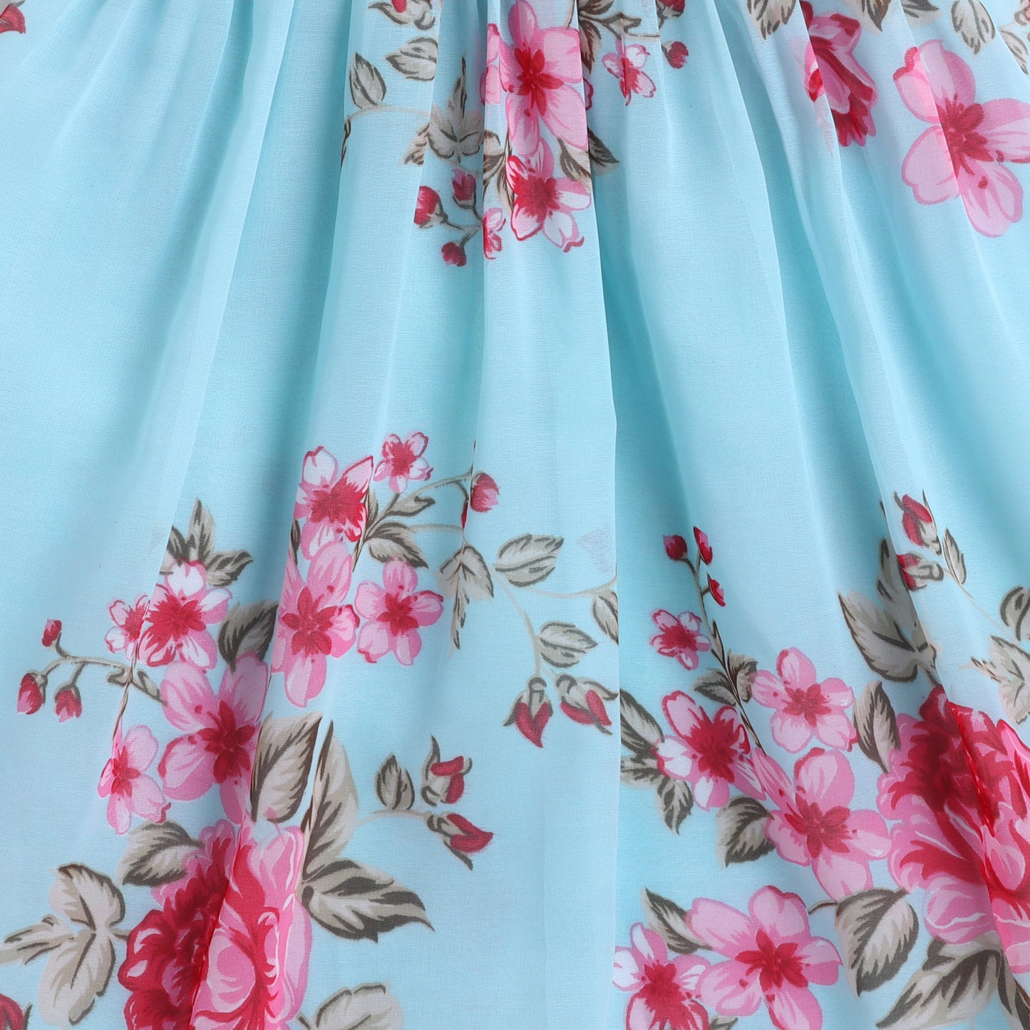 Many Frocks & rayon and georgette sleeveless lace embellished floral printed lehenga choli dupatta set - Pink & Blue