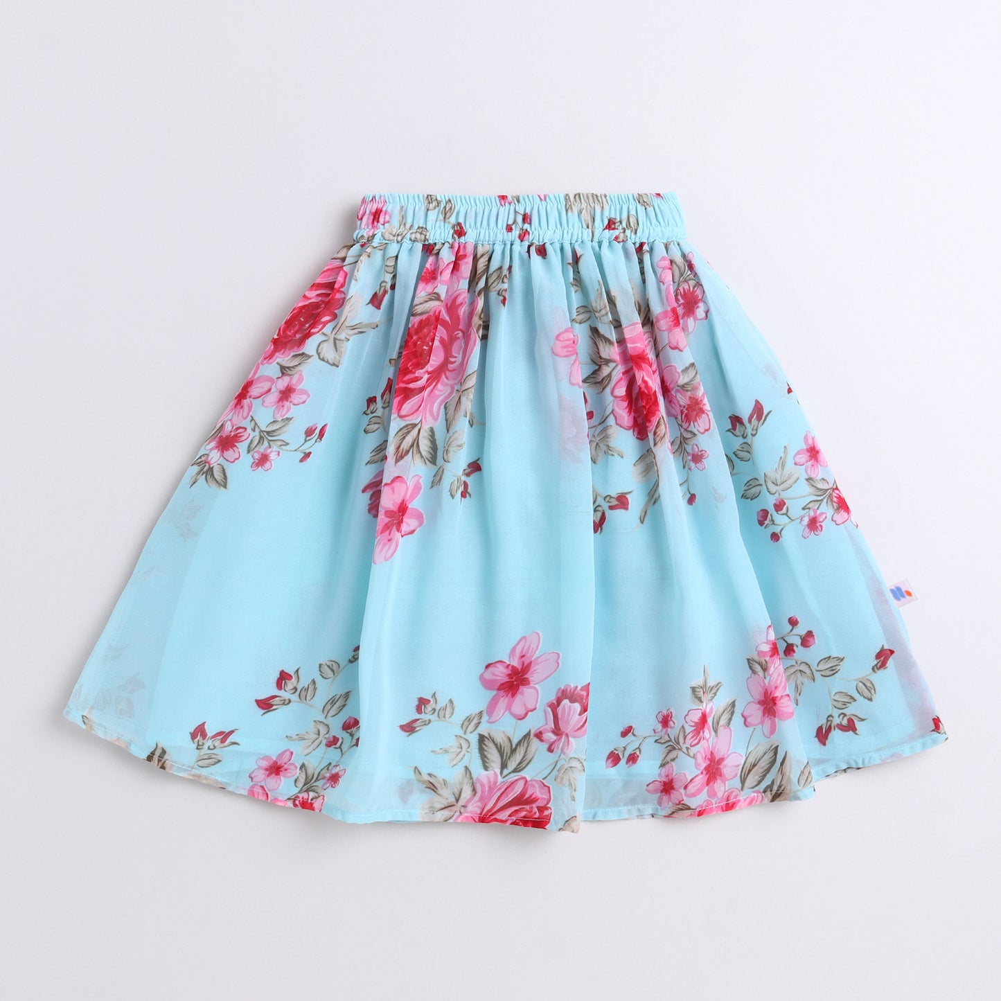 Many Frocks & rayon and georgette sleeveless lace embellished floral printed lehenga choli dupatta set - Pink & Blue