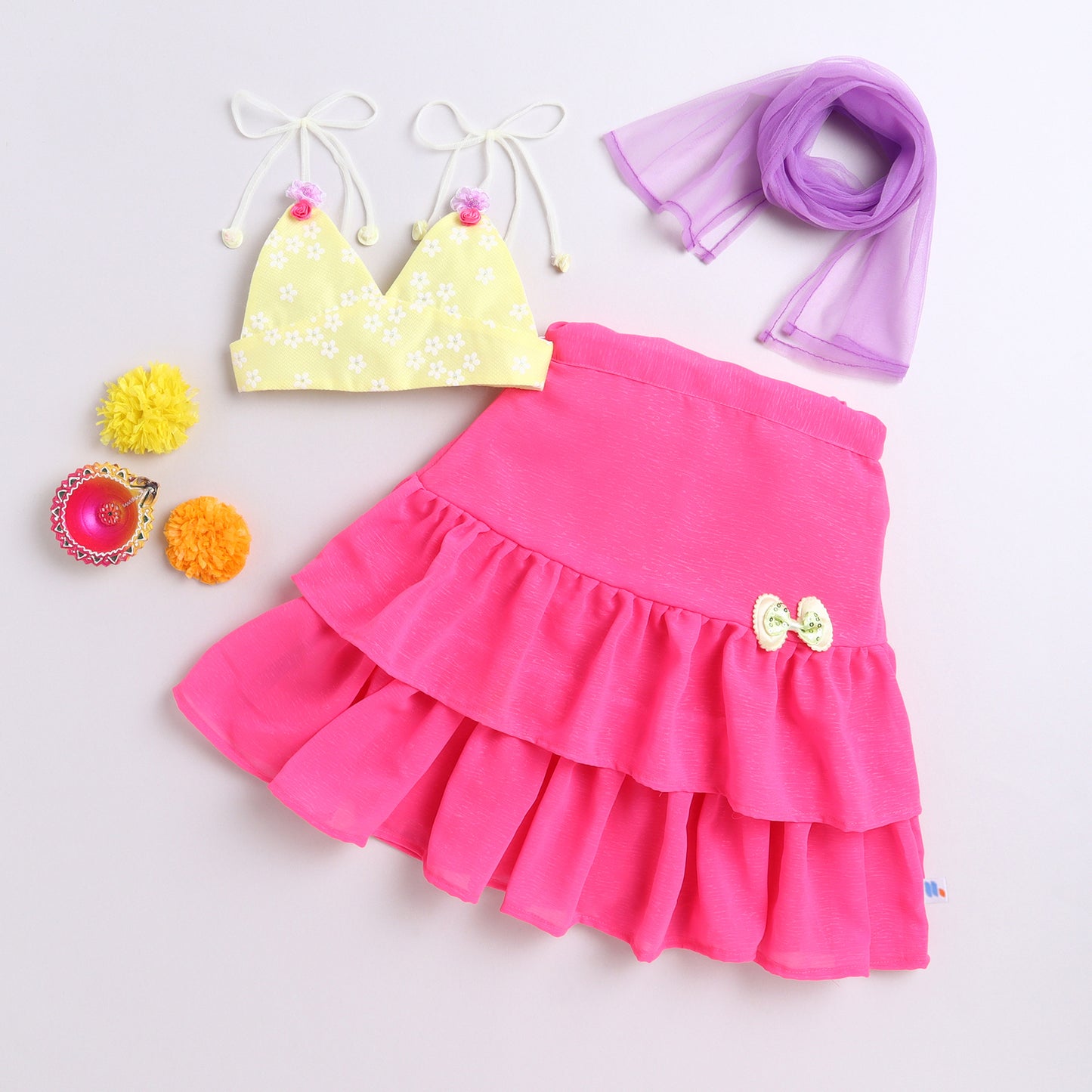 Many Frocks & georgette sleeveless handmade rose and bow embellished lehenga choli dupatta set - pink and yellow