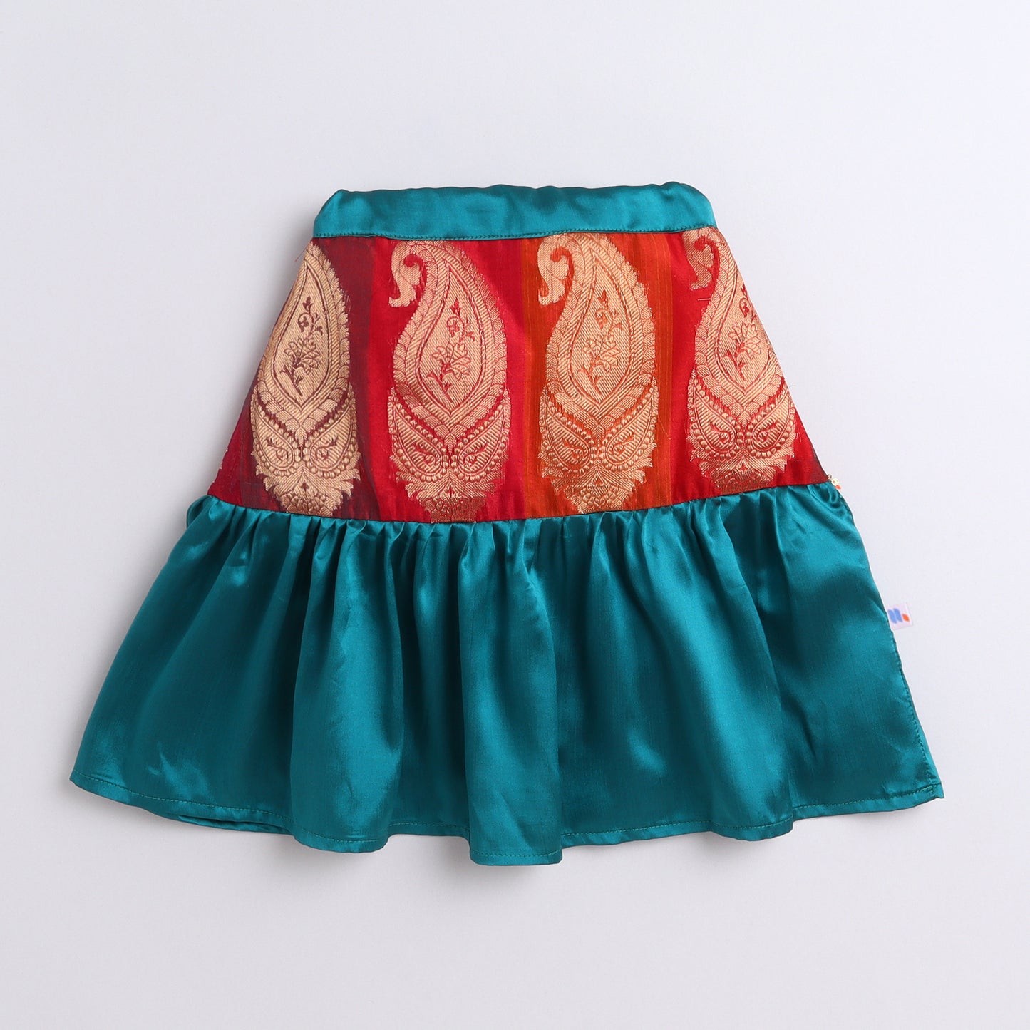 Many Frocks & chanderi and brocade cap sleeve lace embellished lehenga choli dupatta set - Yellow & Green