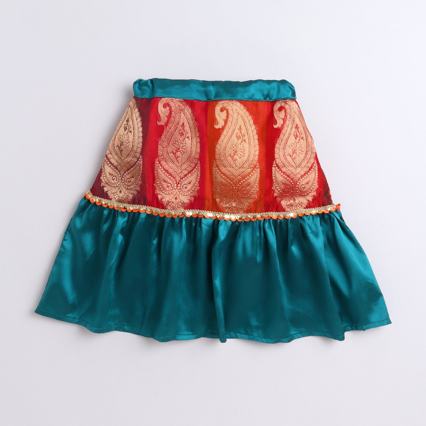 Many Frocks & chanderi and brocade cap sleeve lace embellished lehenga choli dupatta set - Yellow & Green