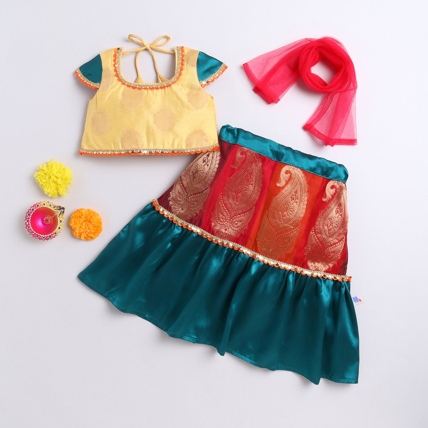 Many Frocks & chanderi and brocade cap sleeve lace embellished lehenga choli dupatta set - Yellow & Green