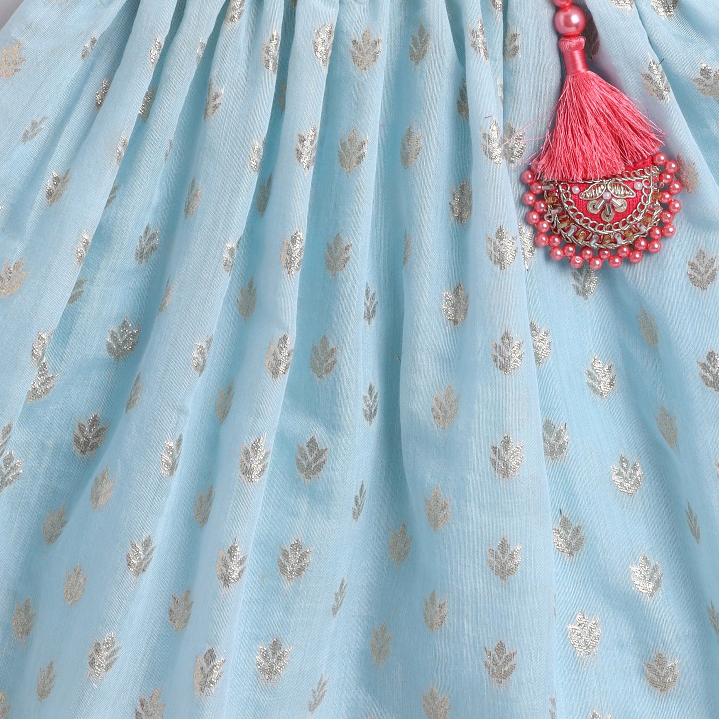 Many Frocks & velvet and chanderi sleeveless lace and latkan embellished ethnic lehenga choli dupatta ethnic set- blue