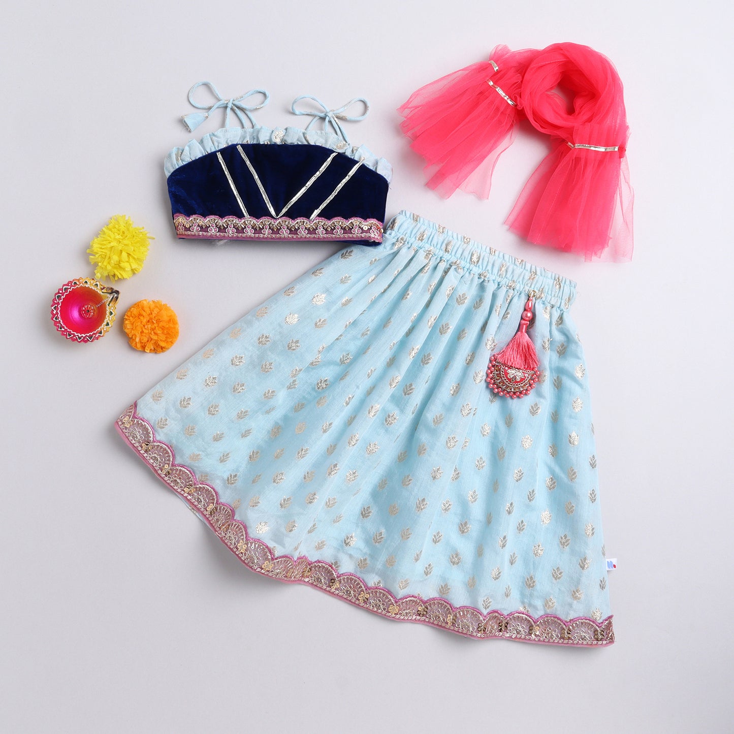 Many Frocks & velvet and chanderi sleeveless lace and latkan embellished ethnic lehenga choli dupatta ethnic set- blue