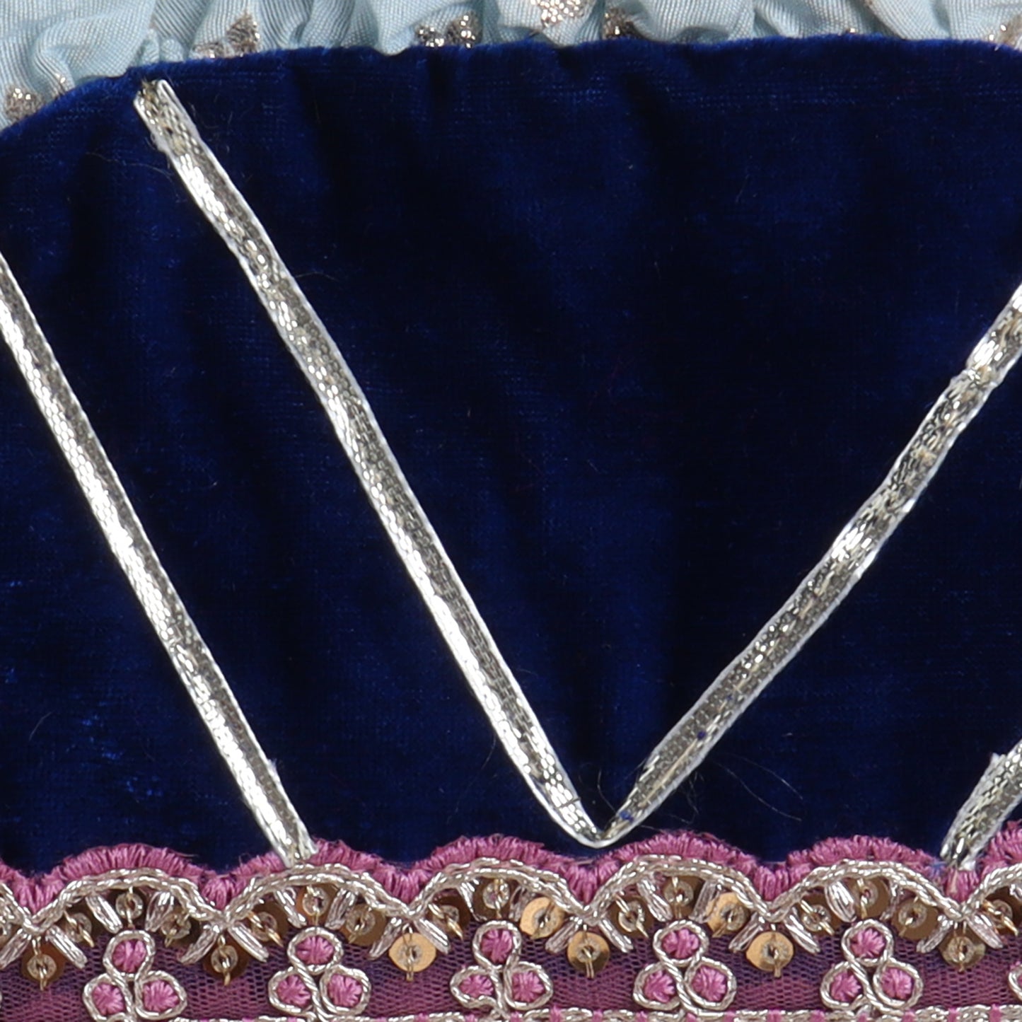 Many Frocks & velvet and chanderi sleeveless lace and latkan embellished ethnic lehenga choli dupatta ethnic set- blue
