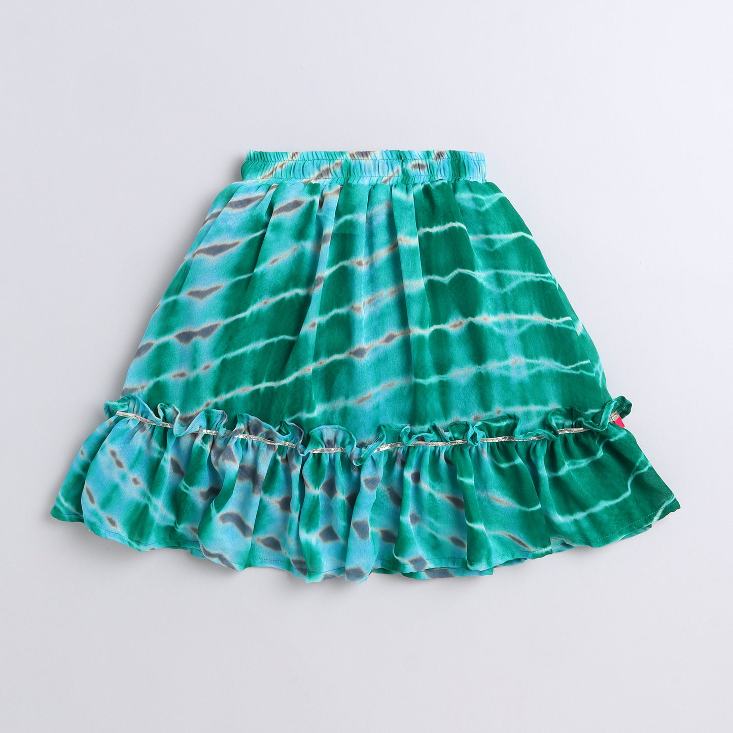 Many Frocks & georgette sleeveless tie and dye embroidered lengha choli dupatta set- Green