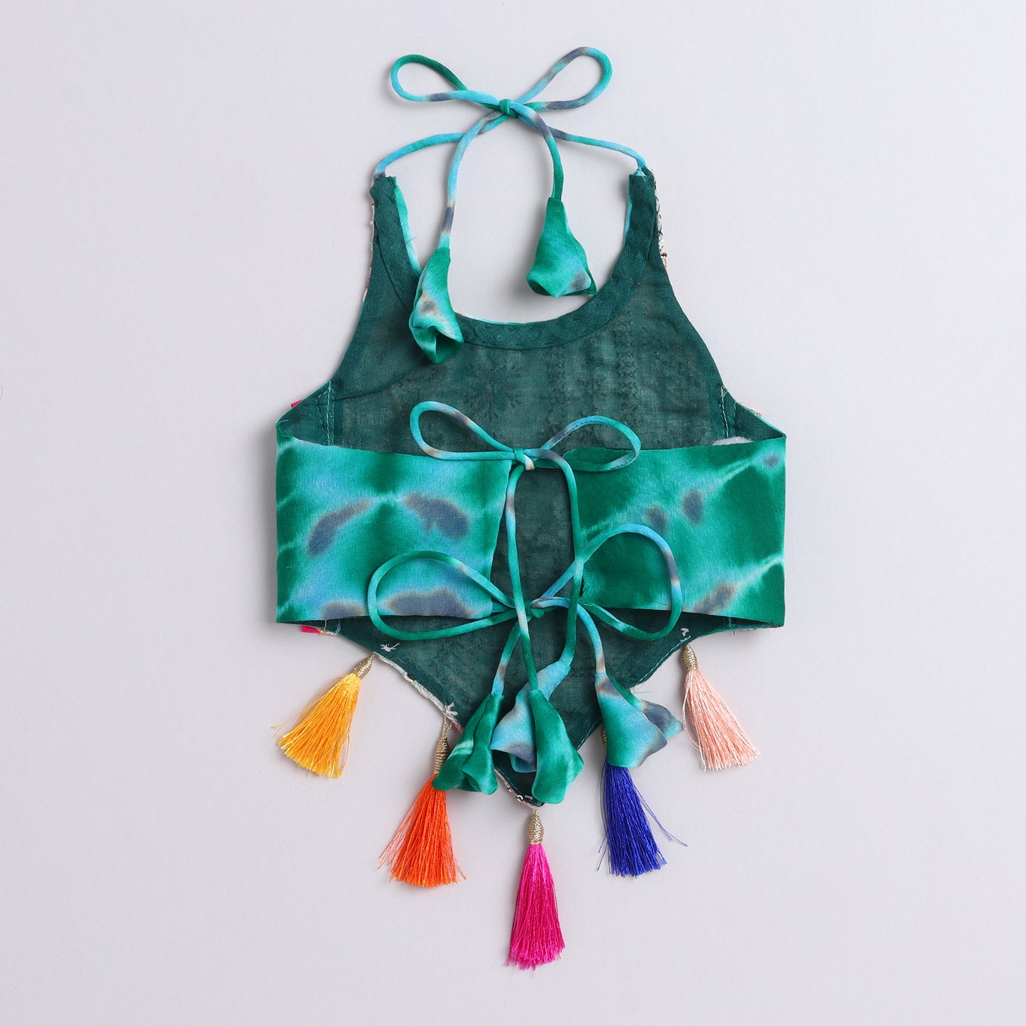 Many Frocks & georgette sleeveless tie and dye embroidered lengha choli dupatta set- Green