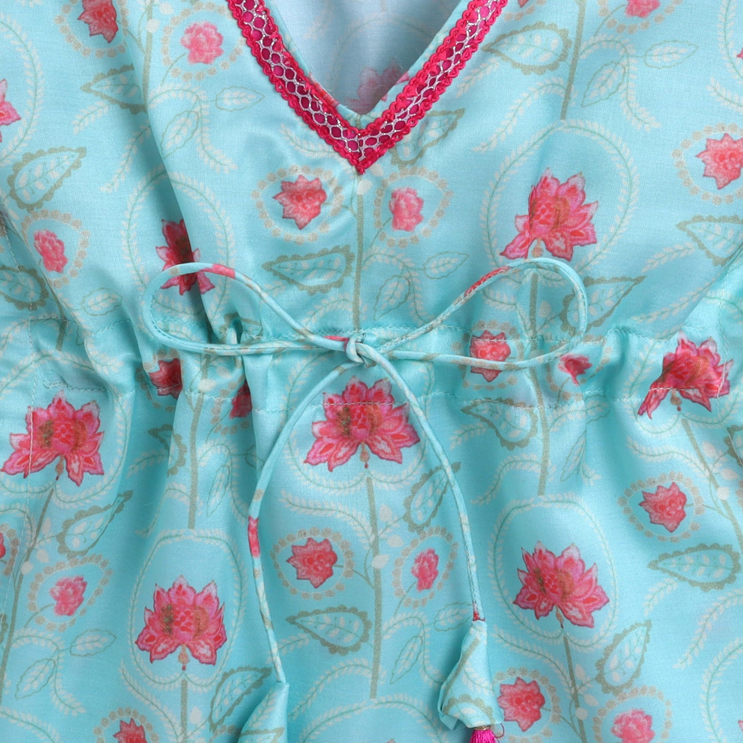 Many Frocks & satin kaftan top with floral printed dhoti ethnic set- sea green