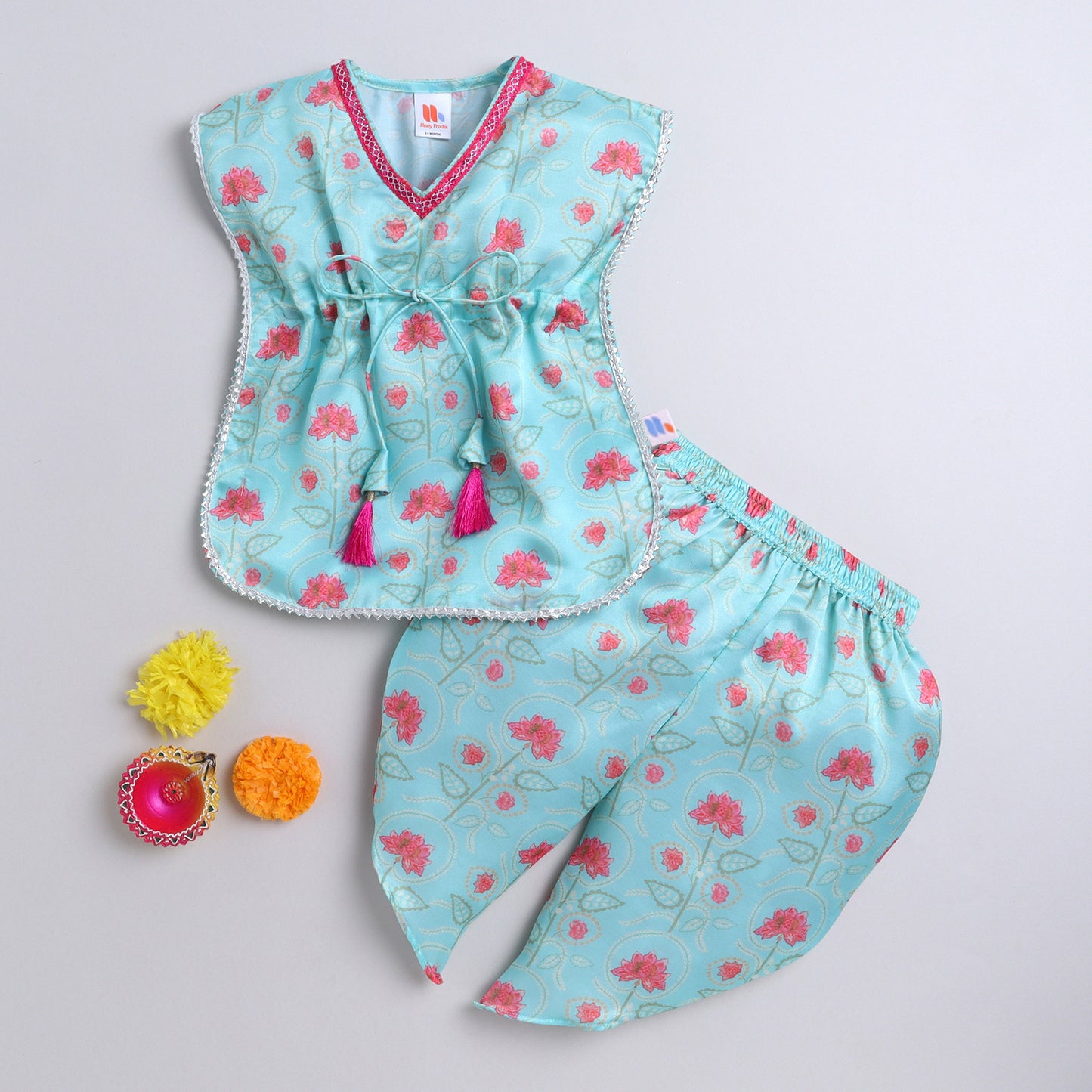 Many Frocks & satin kaftan top with floral printed dhoti ethnic set- sea green