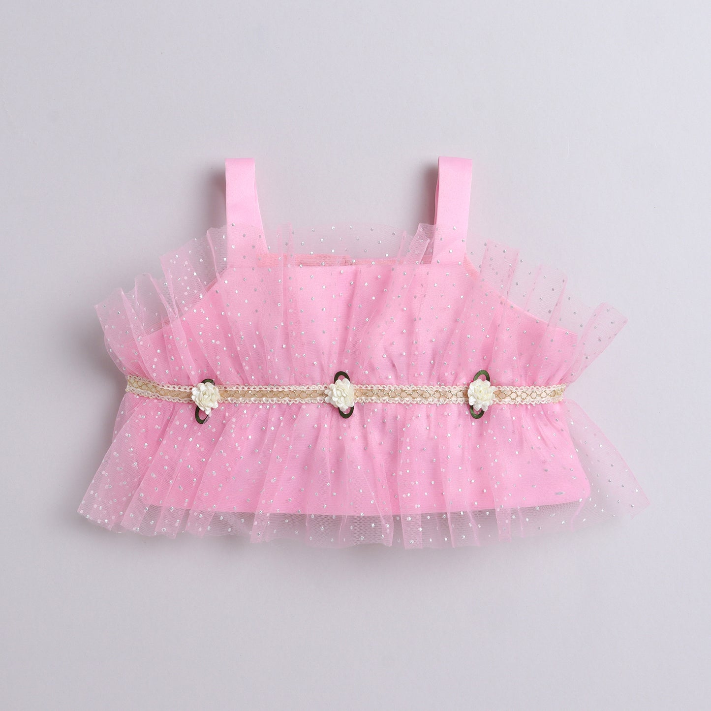 Many Frocks & satin sleeveless lace and flower embellished Top & Plazzo set- pink