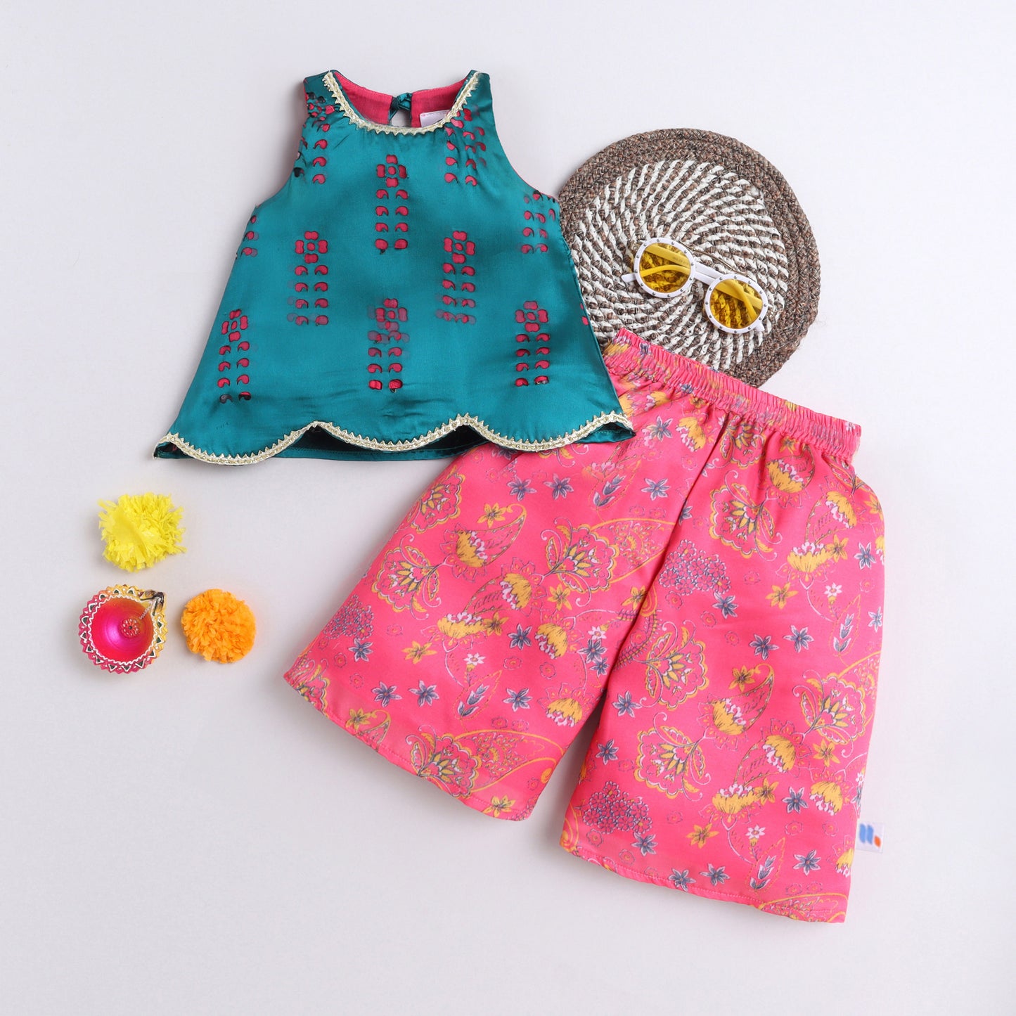 Many Frocks & satin sleeveless cutwork detailing top and floral printed palazzo ethnic set- pink & green
