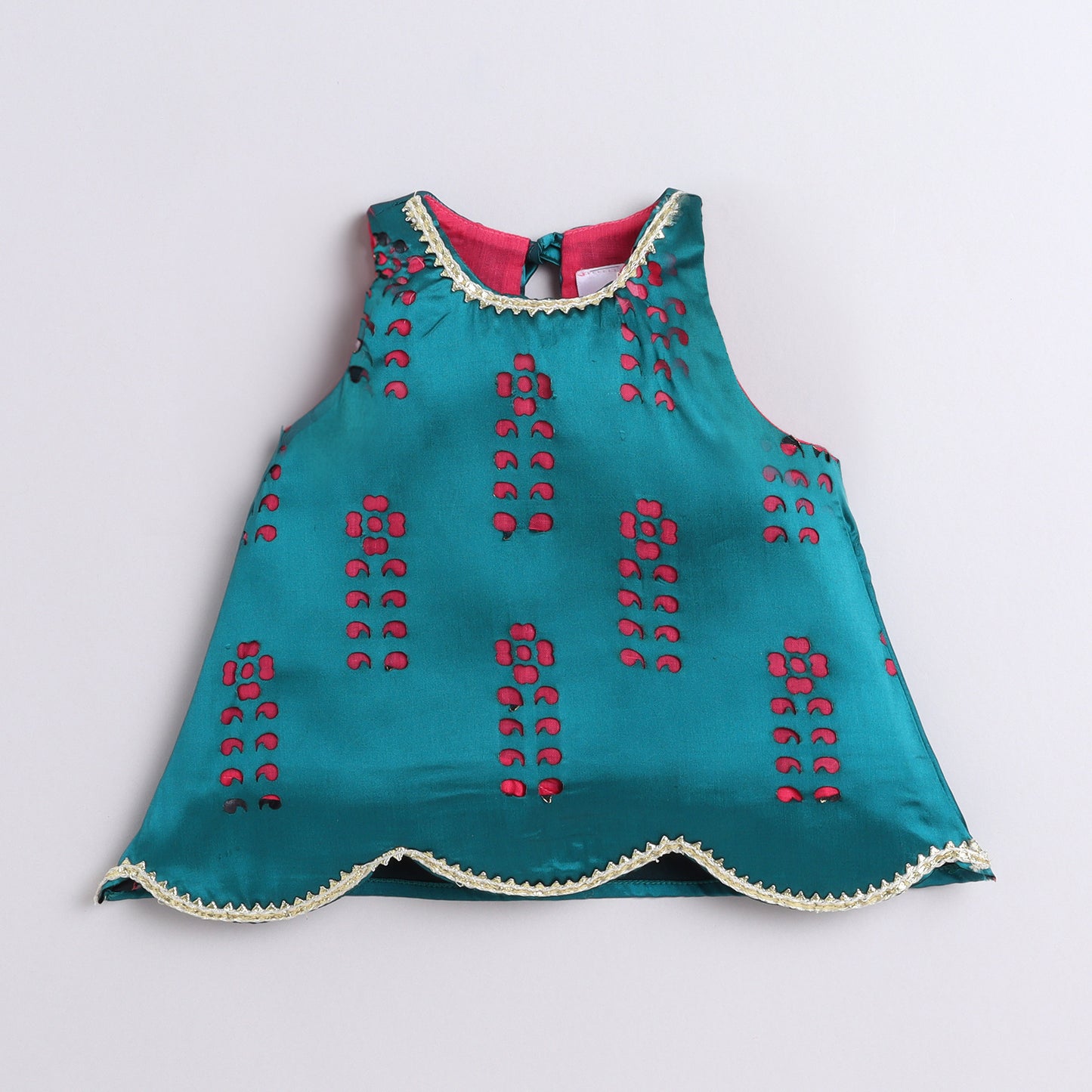 Many Frocks & satin sleeveless cutwork detailing top and floral printed palazzo ethnic set- pink & green