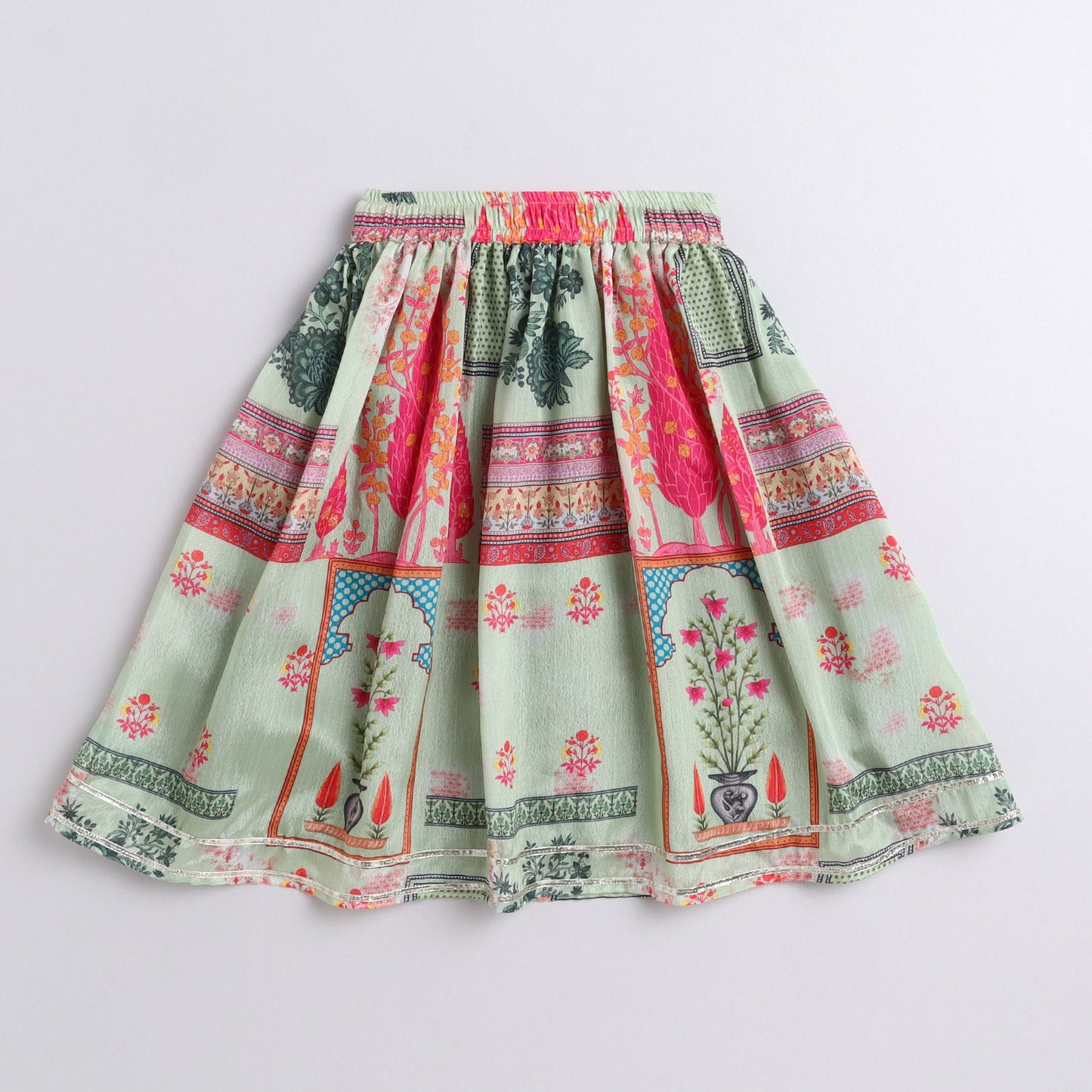 Many Frocks & sleeveless gota patti embellished printed lehenga choli dupatta set- green