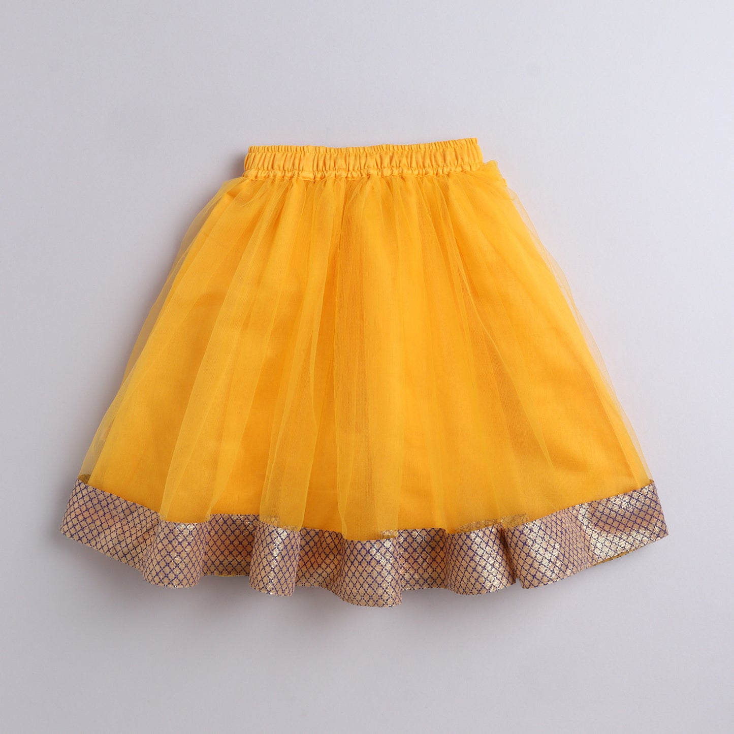 Many Frocks & velvet and net sleeveless lace and latkan beads embellished lehenga choli dupatta set- Pink & Yellow
