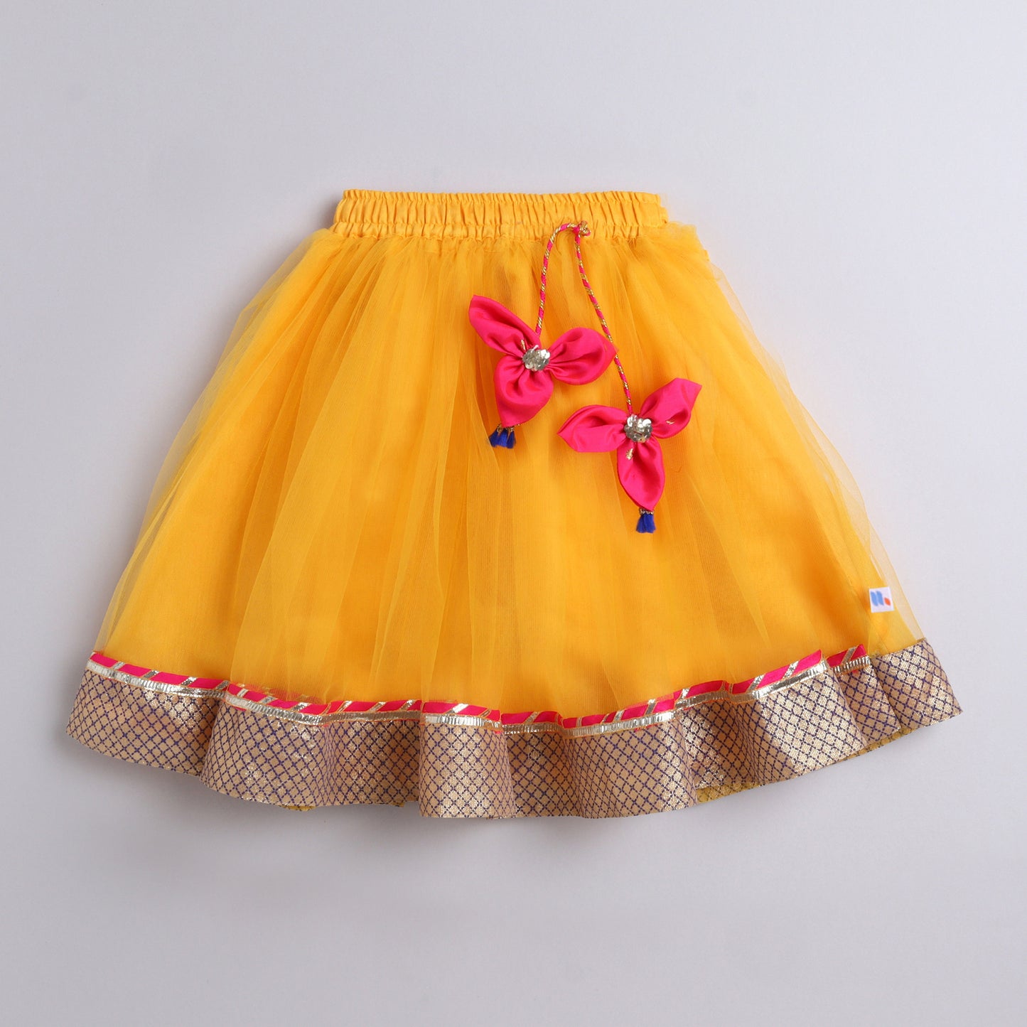 Many Frocks & velvet and net sleeveless lace and latkan beads embellished lehenga choli dupatta set- Pink & Yellow