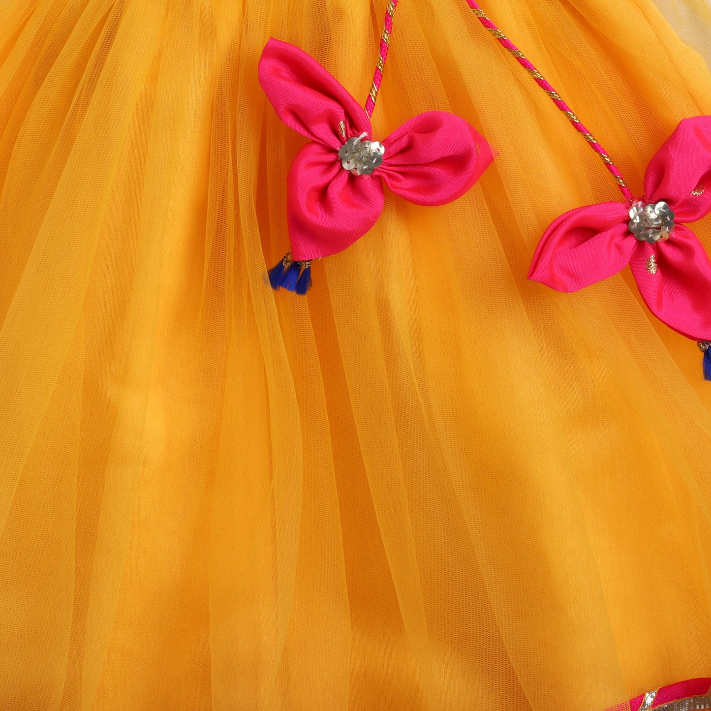 Many Frocks & velvet and net sleeveless lace and latkan beads embellished lehenga choli dupatta set- Pink & Yellow