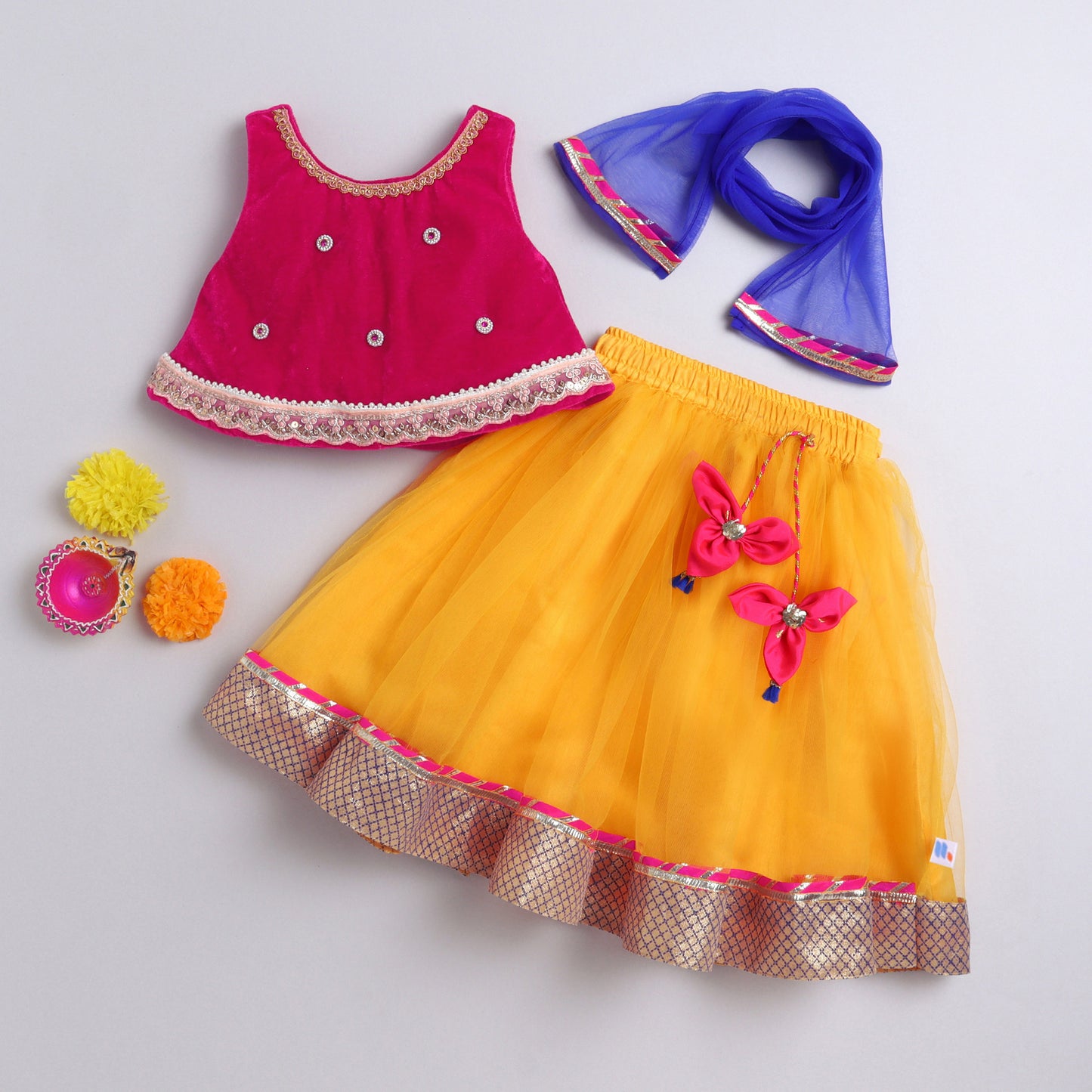 Many Frocks & velvet and net sleeveless lace and latkan beads embellished lehenga choli dupatta set- Pink & Yellow