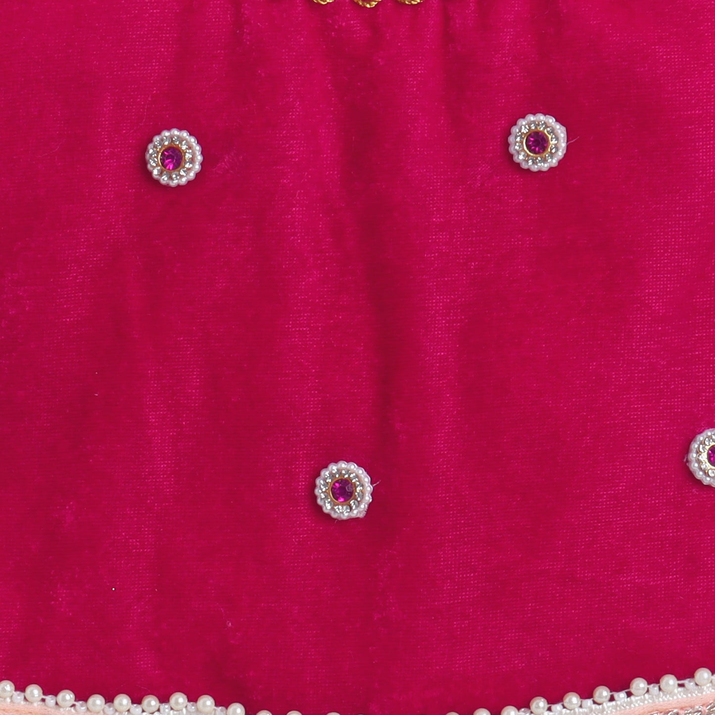 Many Frocks & velvet and net sleeveless lace and latkan beads embellished lehenga choli dupatta set- Pink & Yellow